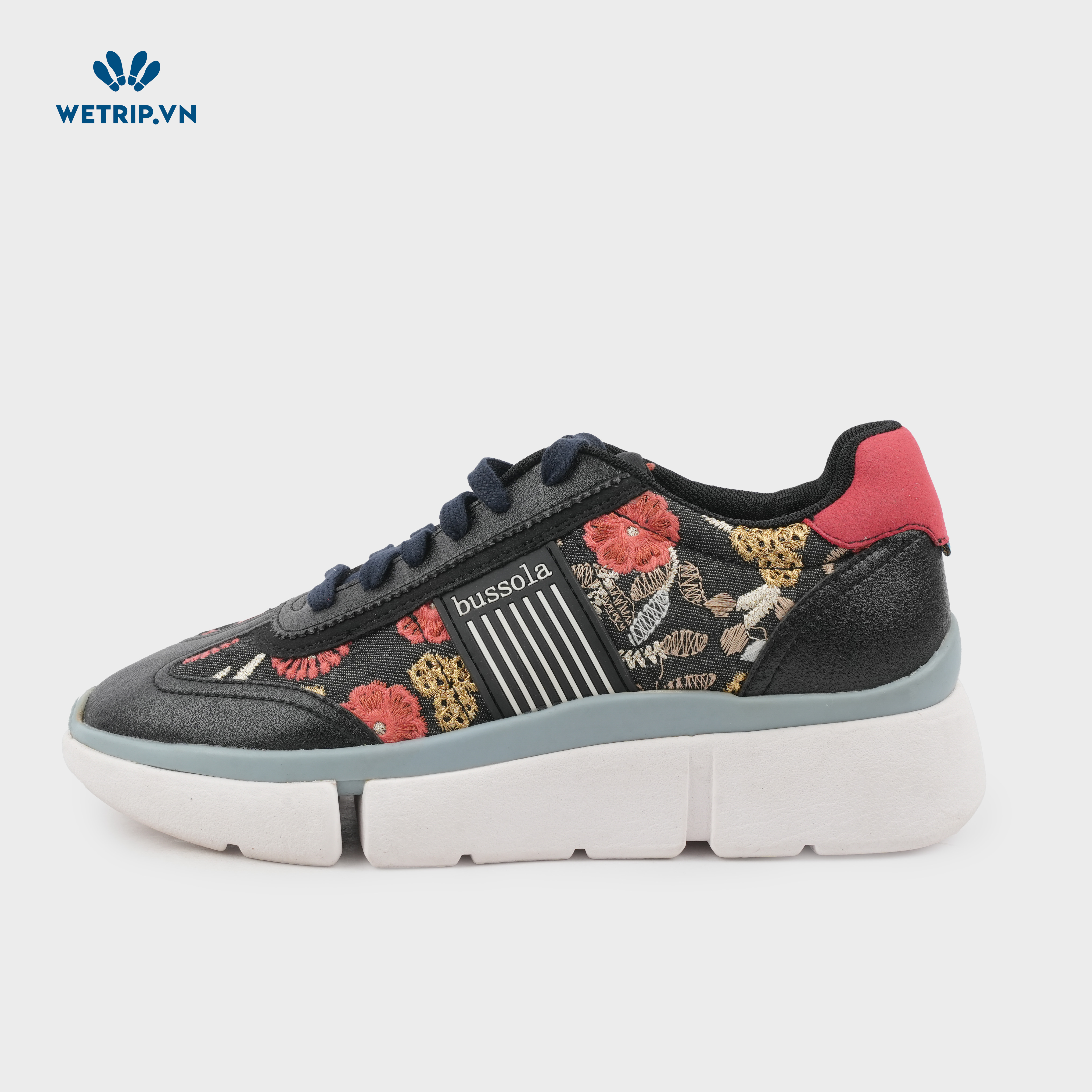 Sneaker Bussola (Đen thêu hoa đế viền xanh ngọc) Mã SN-BSL-084-D