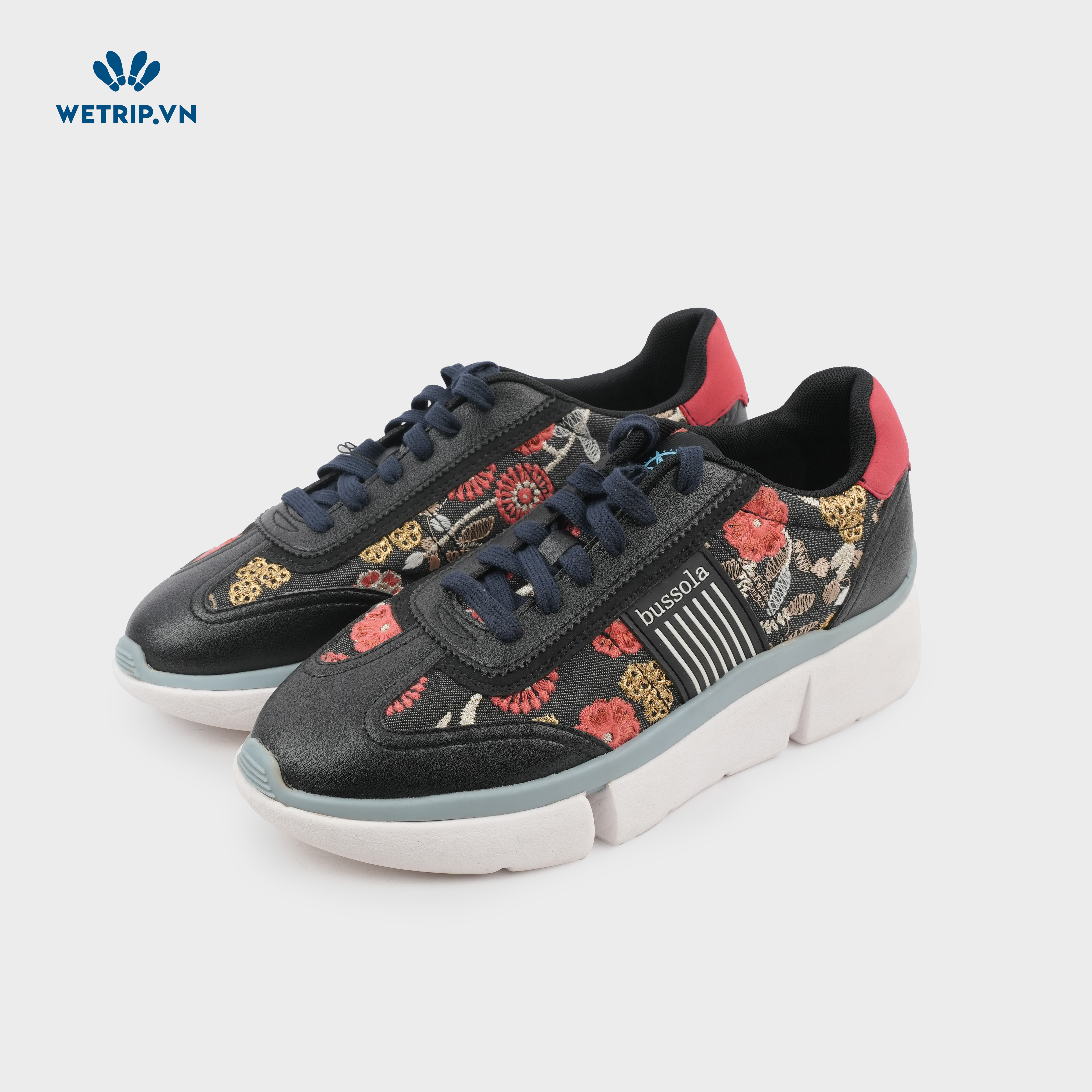 Sneaker Bussola (Đen thêu hoa đế viền xanh ngọc) Mã SN-BSL-084-D