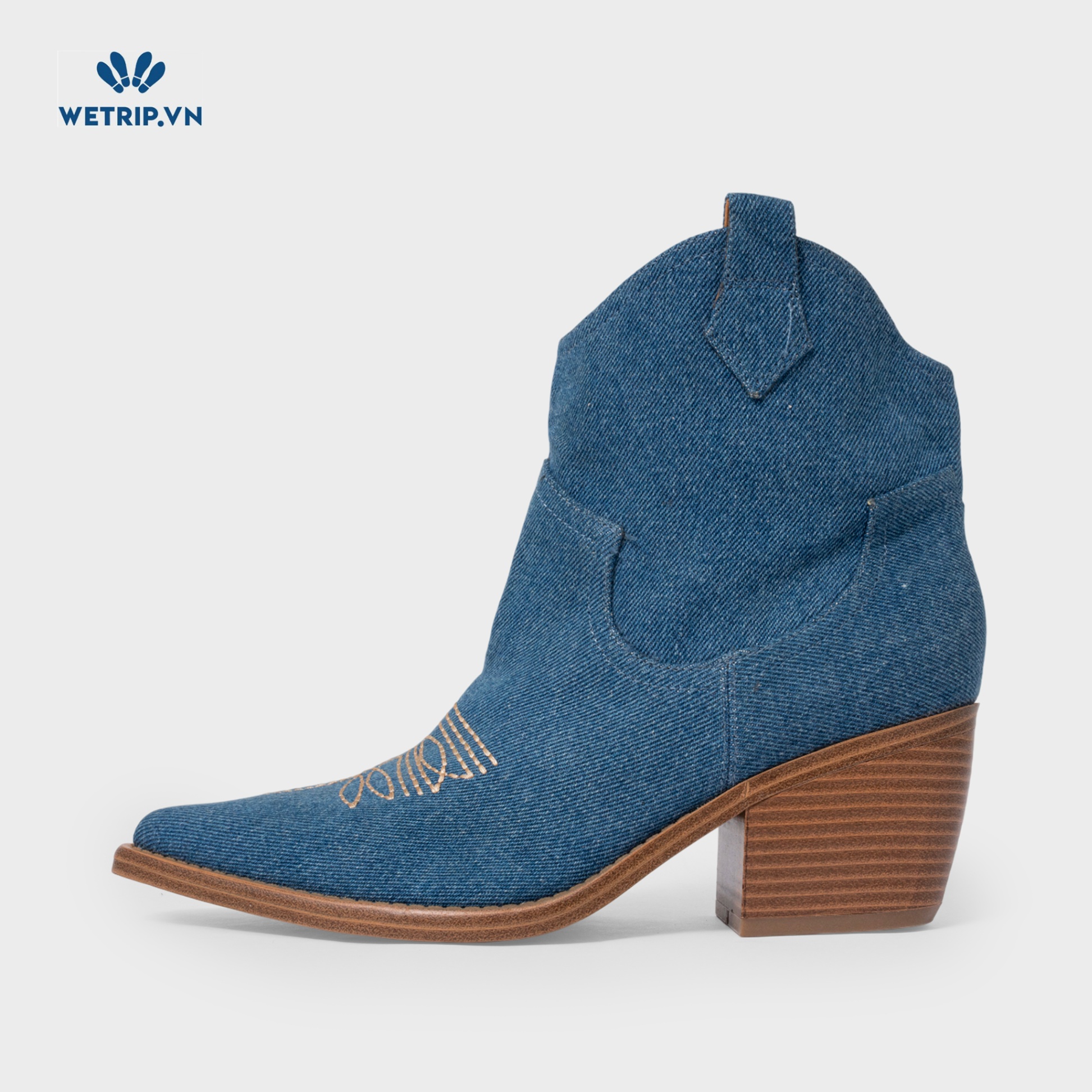 Boots Lửng Cao Gót Marc Fisher (Vải jean-Xanh, thêu hoa) Mã BL-CG-MF-004-A