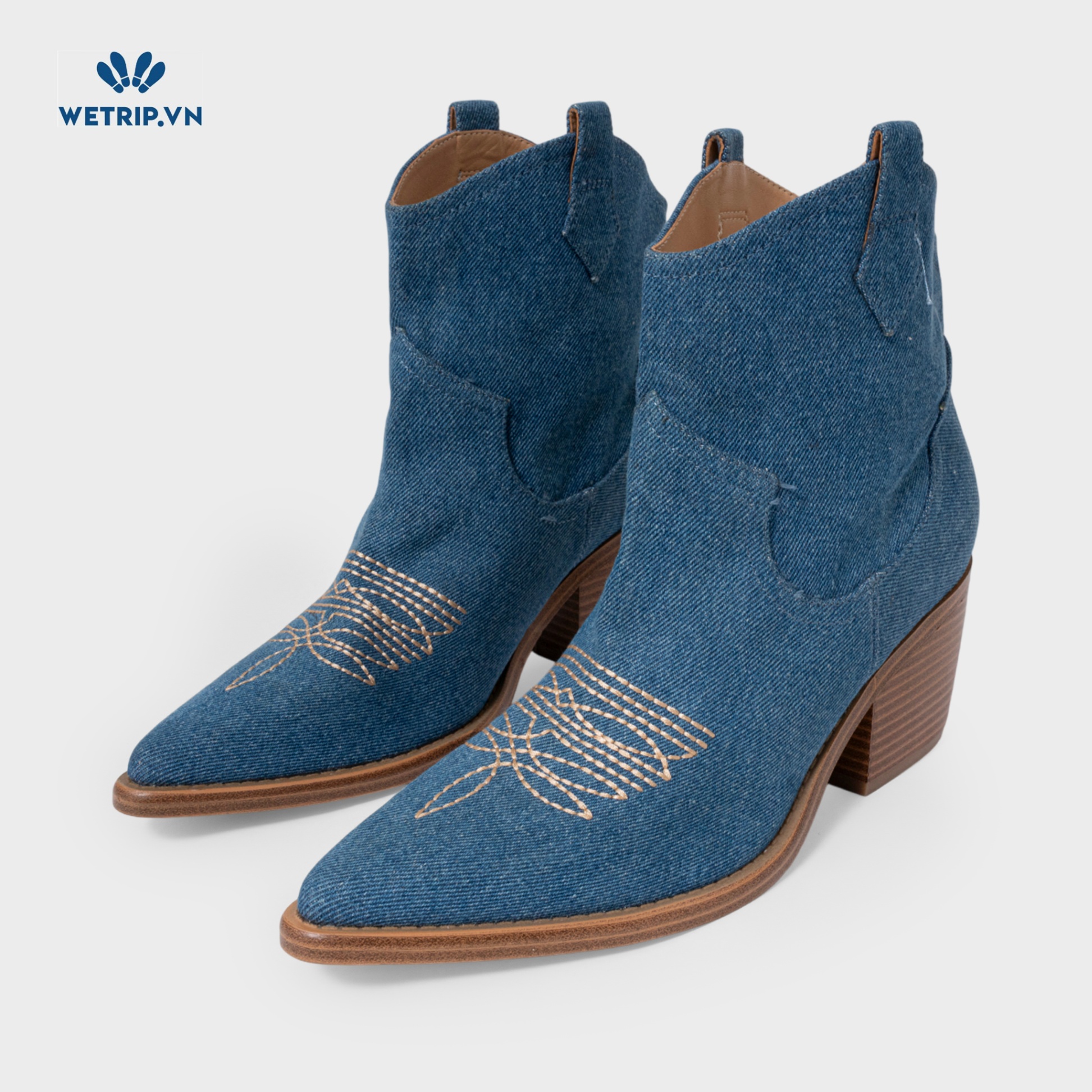 Boots Lửng Cao Gót Marc Fisher (Vải jean-Xanh, thêu hoa) Mã BL-CG-MF-004-A
