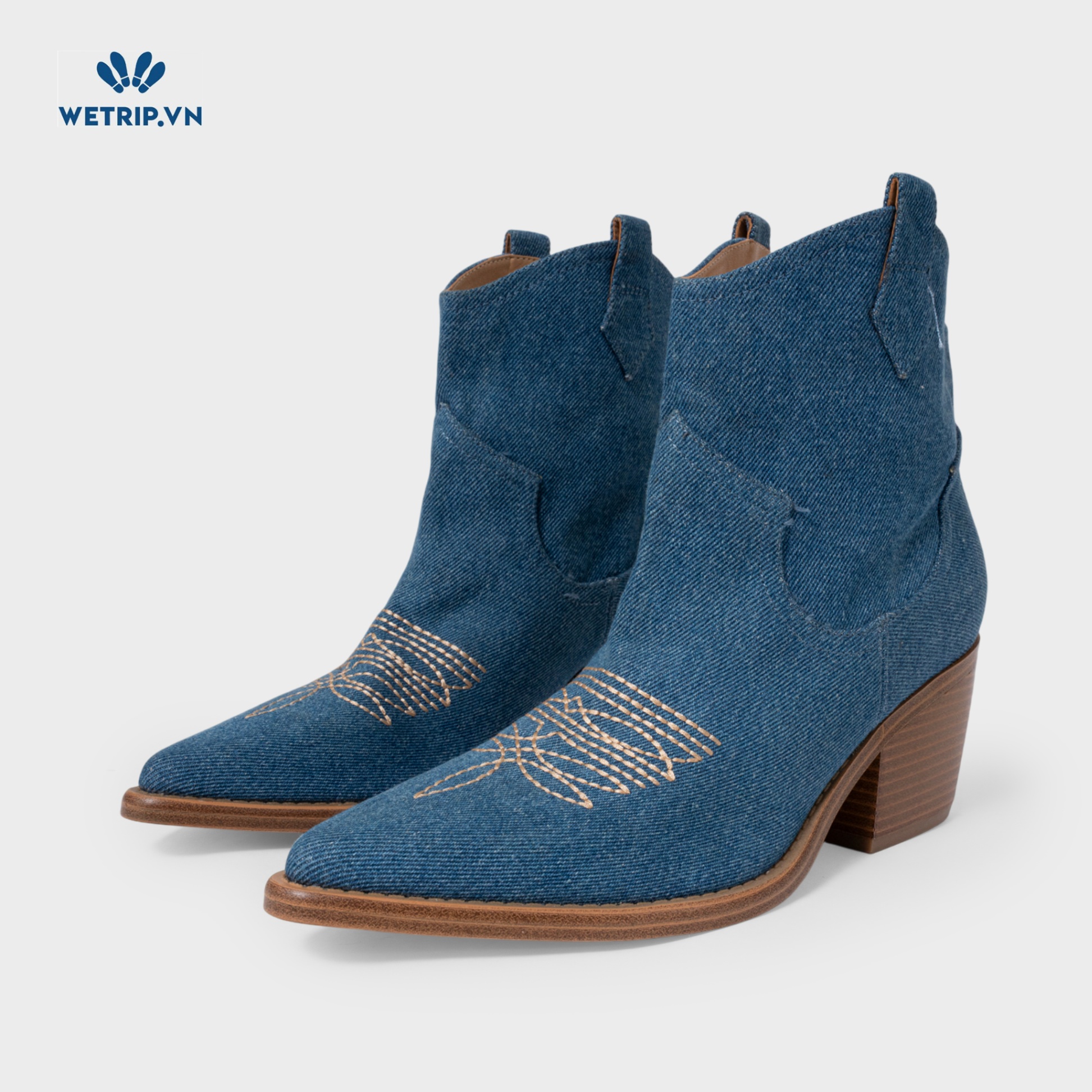 Boots Lửng Cao Gót Marc Fisher (Vải jean-Xanh, thêu hoa) Mã BL-CG-MF-004-A