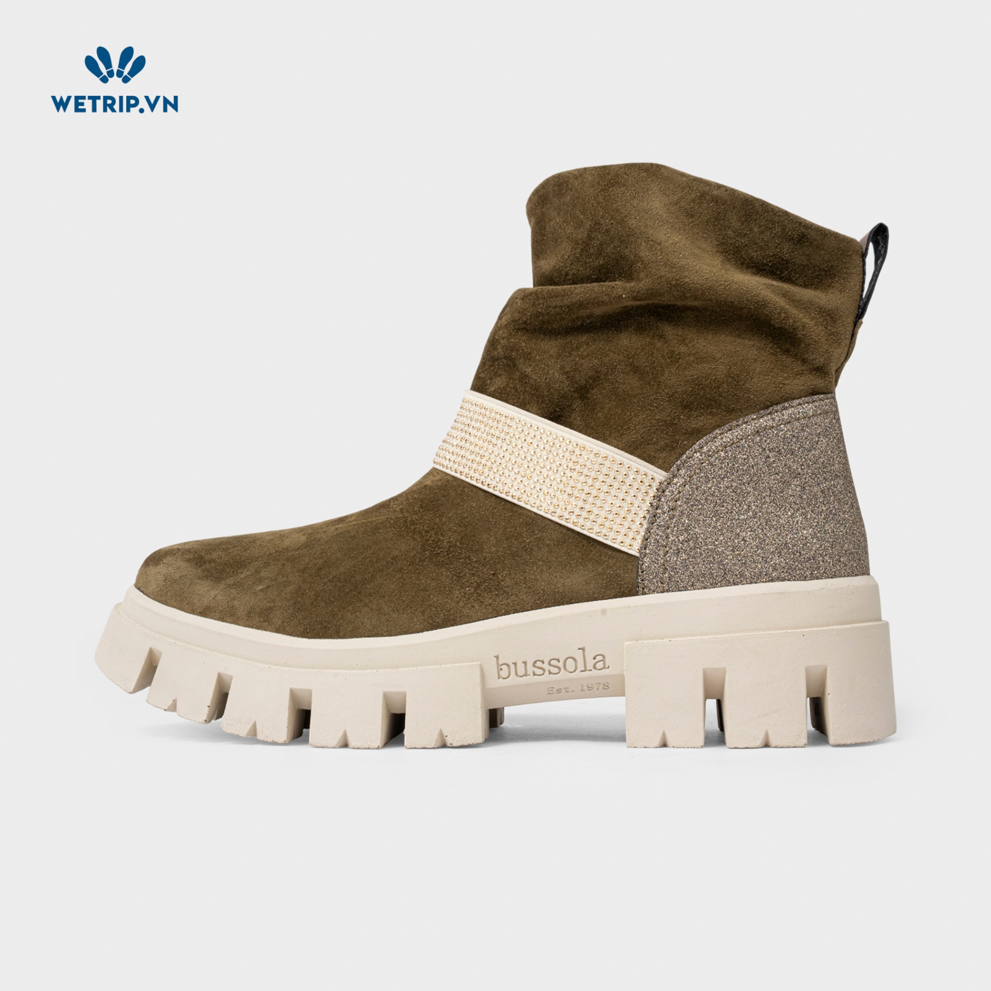 Boots Lửng Đế Bằng Bussola (Da-Rêu gót kim tuyến) Mã BL-DB-BSL-113-B