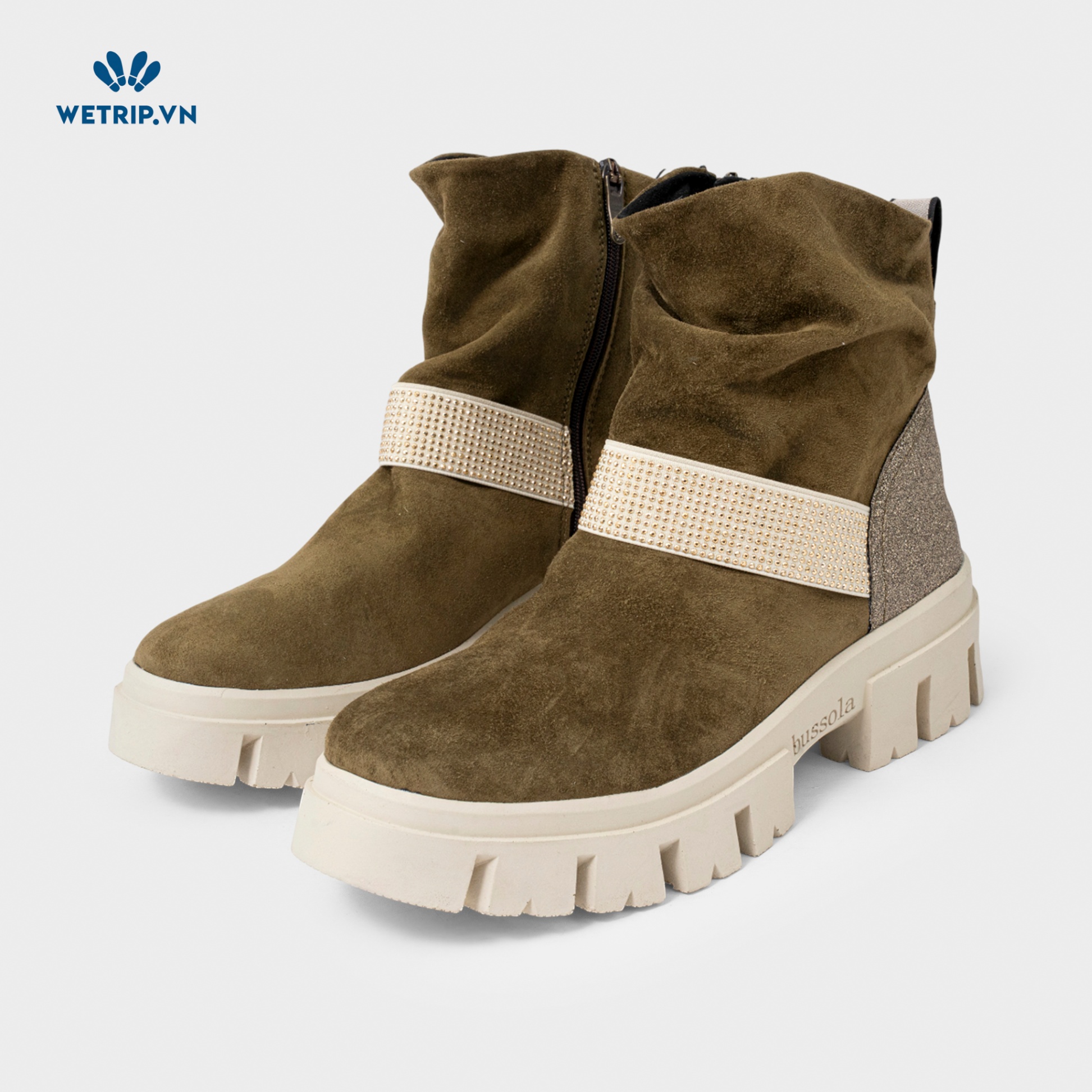 Boots Lửng Đế Bằng Bussola (Da-Rêu gót kim tuyến) Mã BL-DB-BSL-113-B