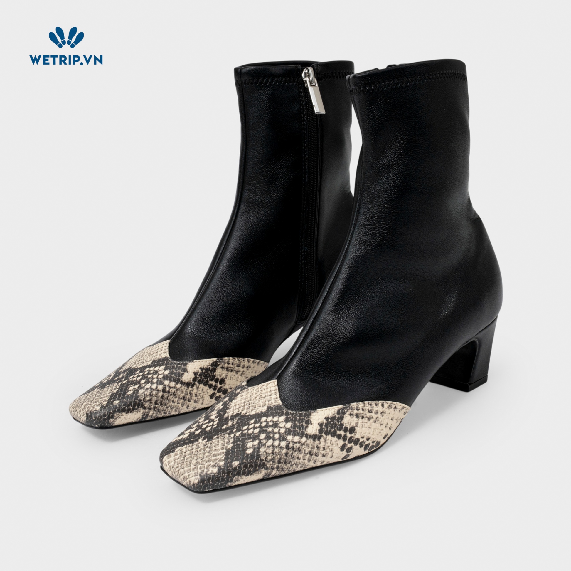Boots Lửng Cao Gót Steve Madden (Da-Đen phối da rắn, cao 5cm) Mã BL-CG-SMD-008-A