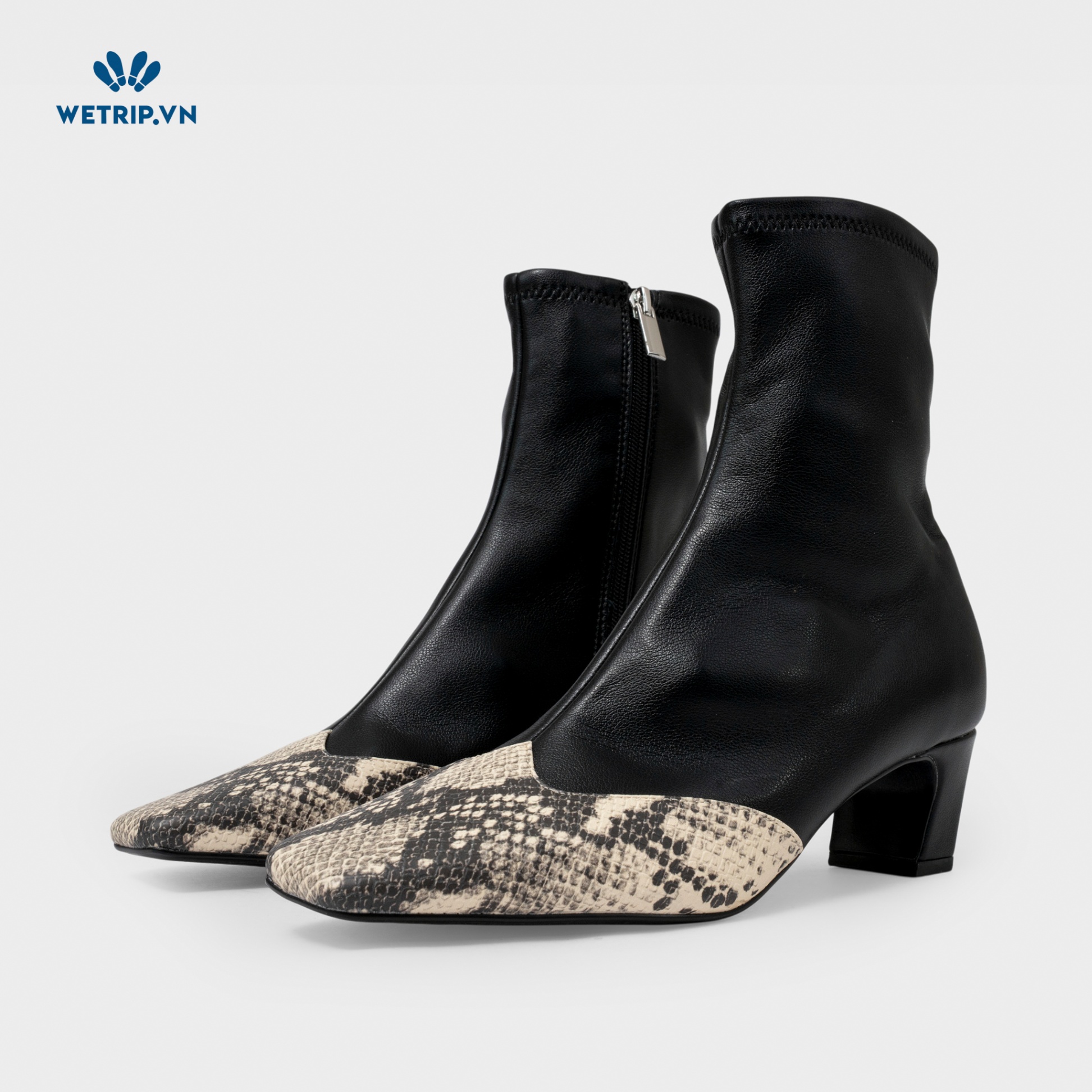 Boots Lửng Cao Gót Steve Madden (Da-Đen phối da rắn, cao 5cm) Mã BL-CG-SMD-008-A