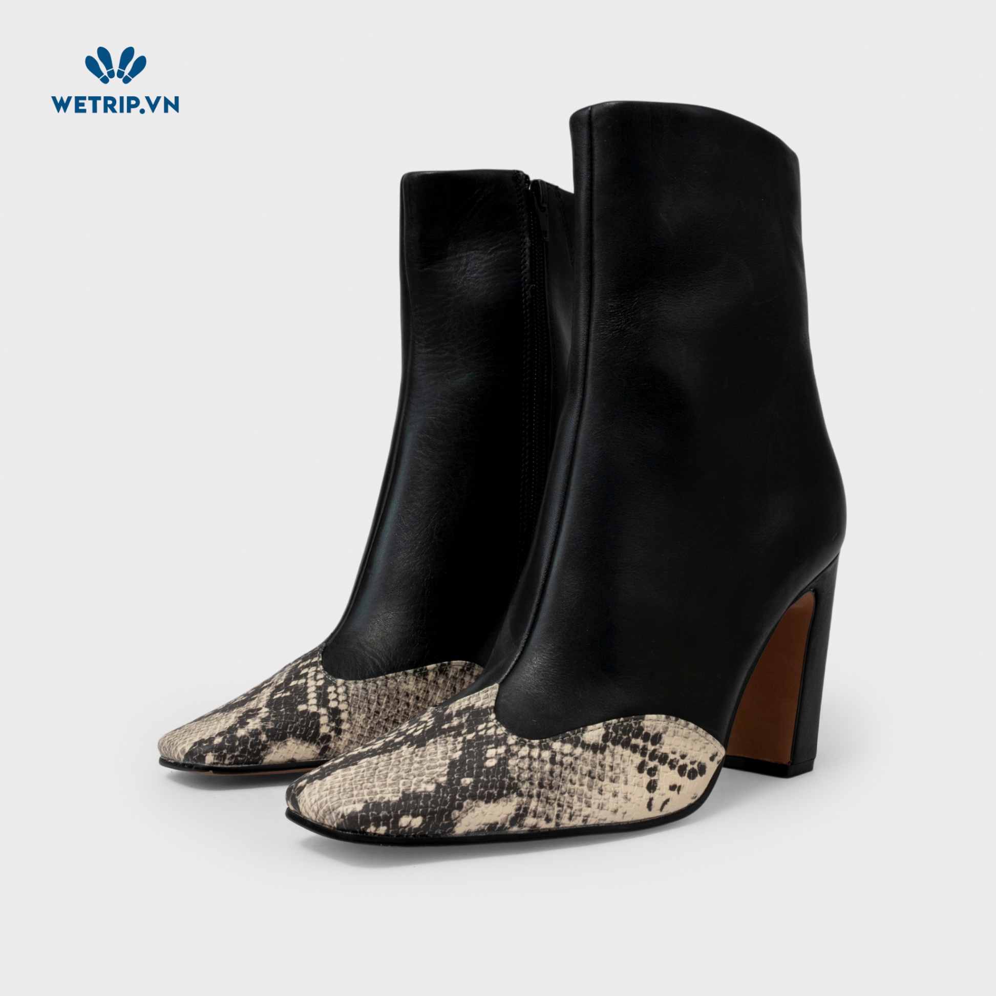 Boots Lửng Cao Gót Steve Madden (Da-Đen phối da rắn, cao 9cm) Mã BL-CG-SMD-009-A