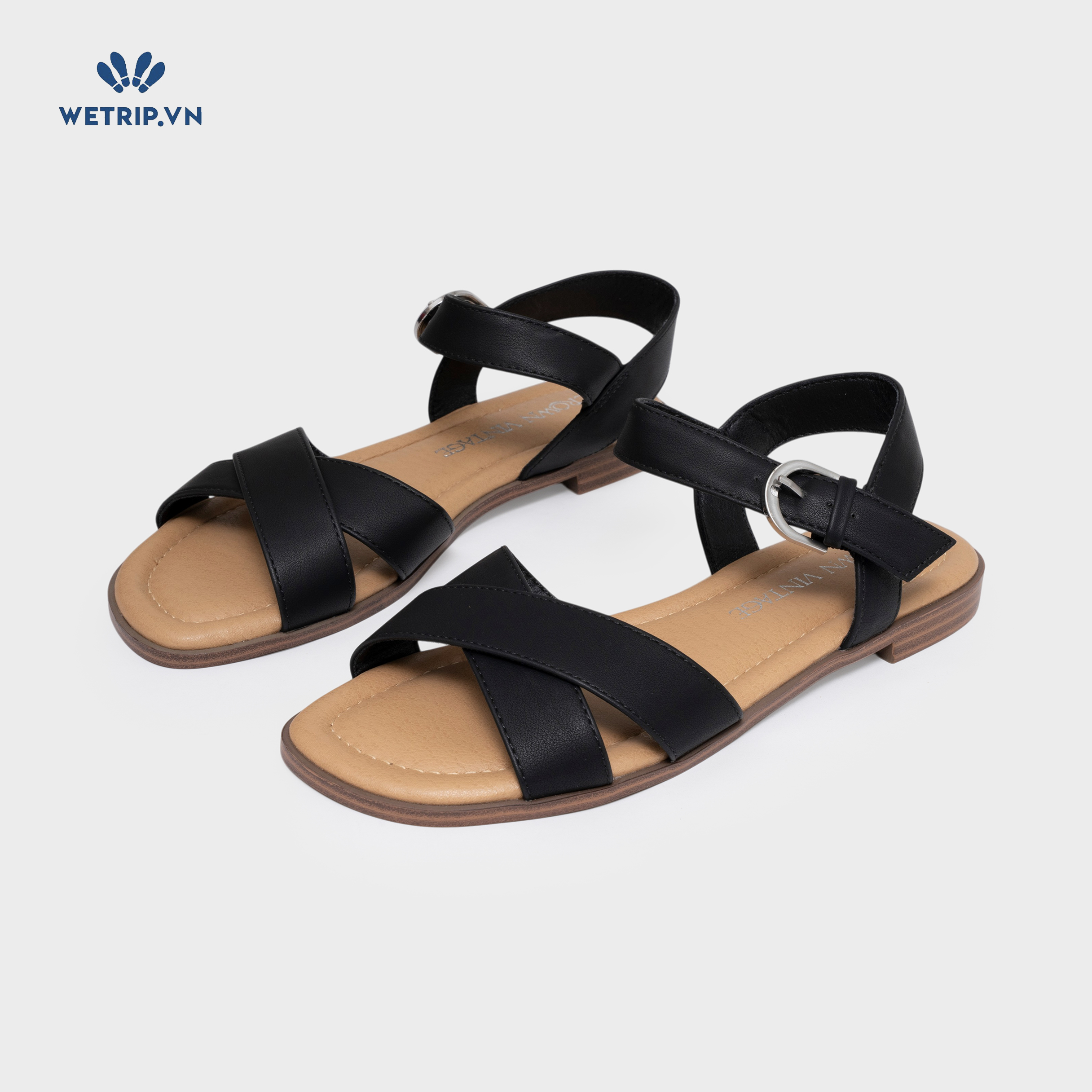 Sandal Crown Vintage (quai đen, đế nâu) Mã SD-CVT-004-A