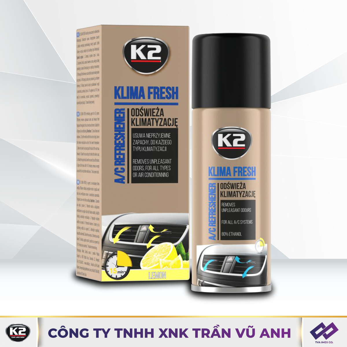 K2 KLIMA FRESH LEMON 150ML - CHAI XỊT KHỬ MÙI MÁY LẠNH Ô TÔ HƯƠNG CHANH - K15