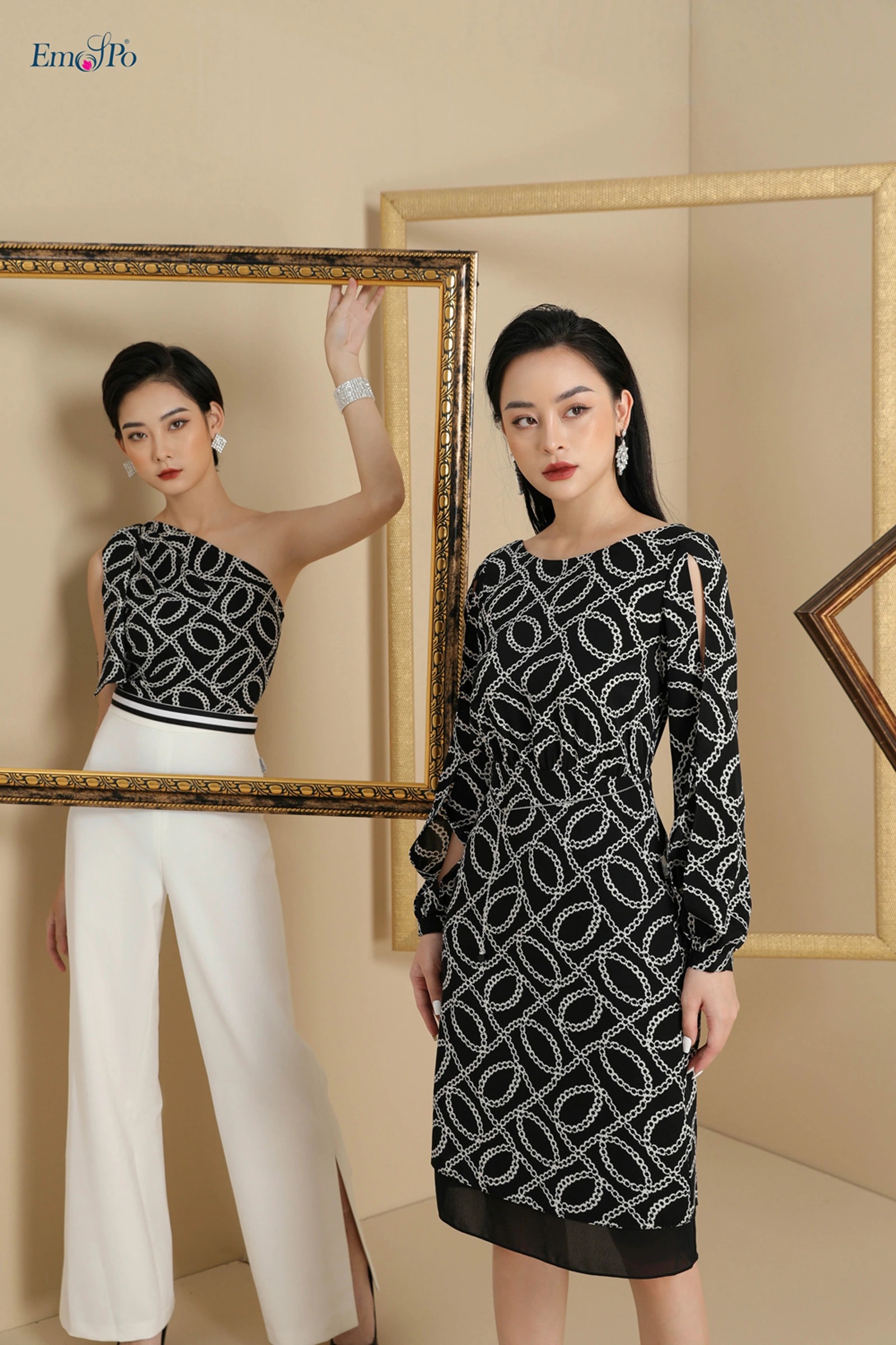 Jumsuit, phối thân thân trên, áo chéo 1 vai, quần suông sẻ 2 sườn - Đen - L