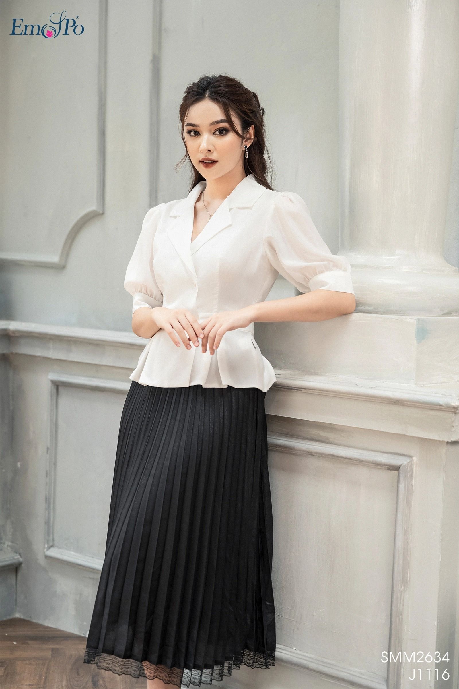 Sơ mi dáng peplum tay bồng, cổ bẻ ve - Hồng - L