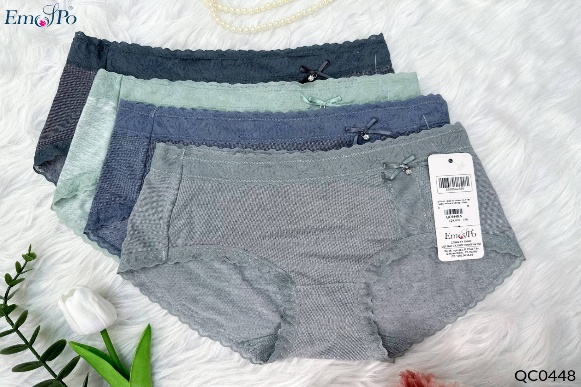 QC0448 - Quần lót cotton, ren ở cạp và gấu, đính nơ 1 bên cạp