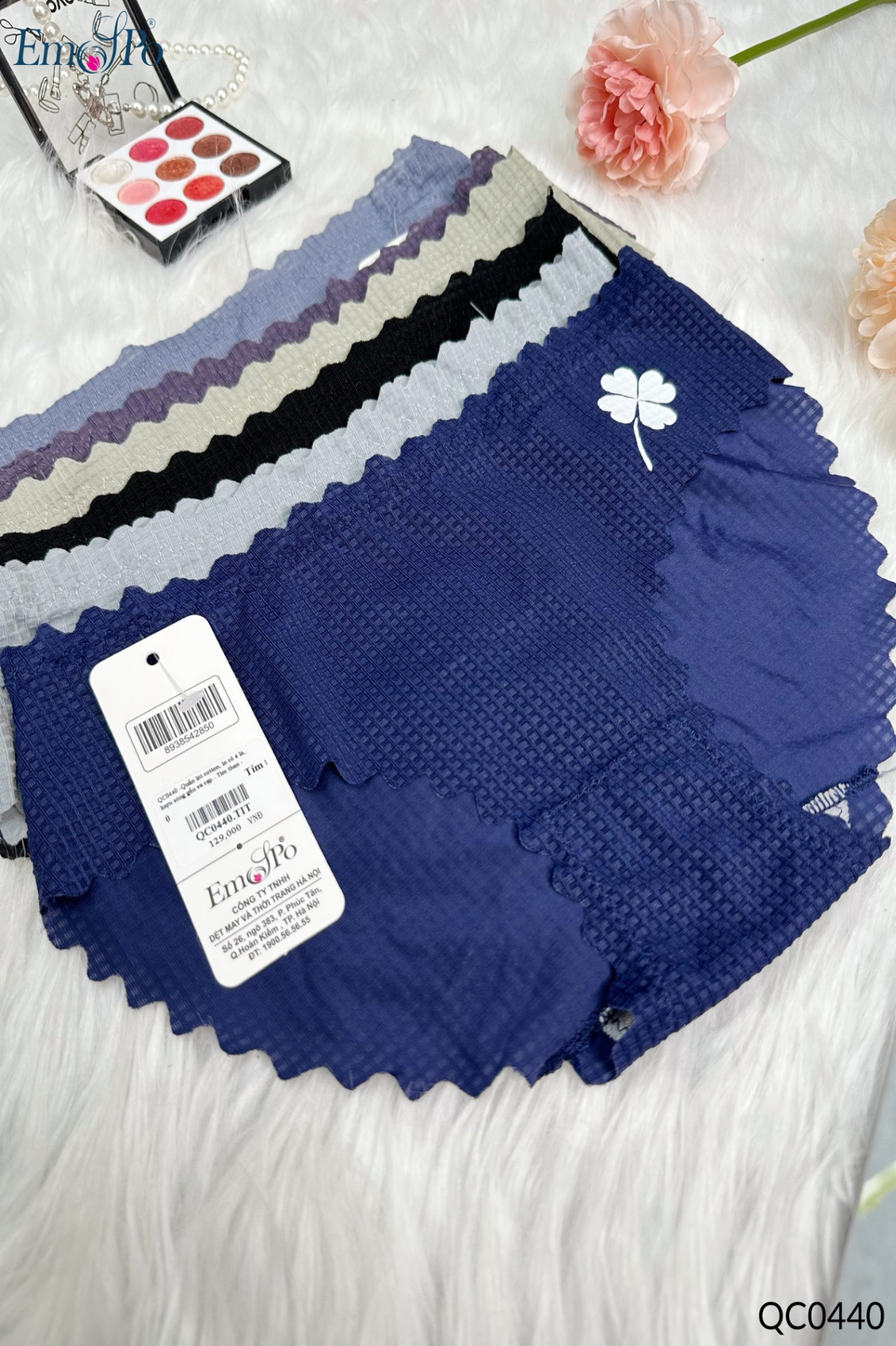 QC0440 -Quần lót cotton, in cỏ 4 lá, lượn sóng gấu và cạp