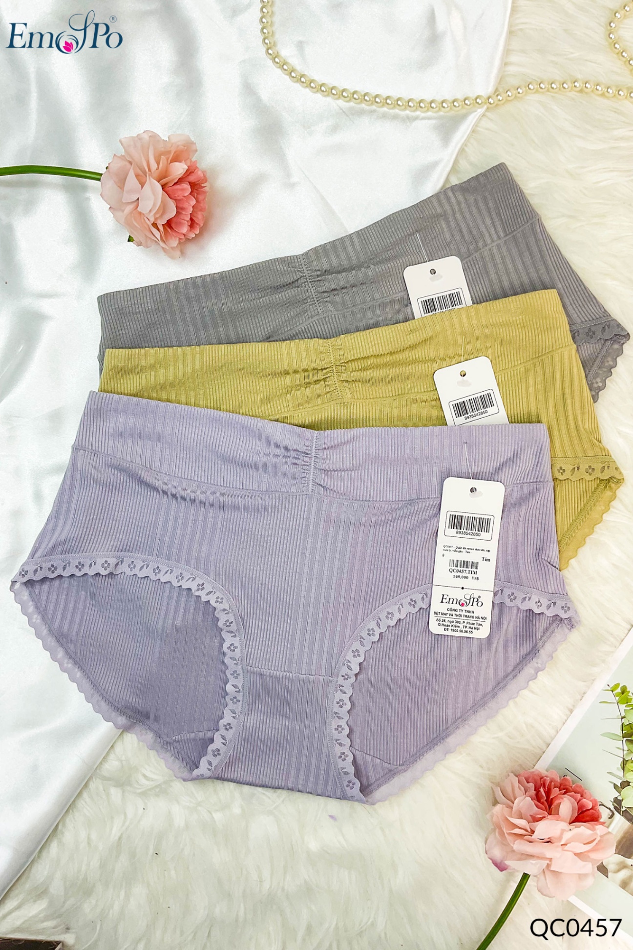 QC0457 - Quần lót cotton tăm trơn, cạp rúm ly, viền gấu