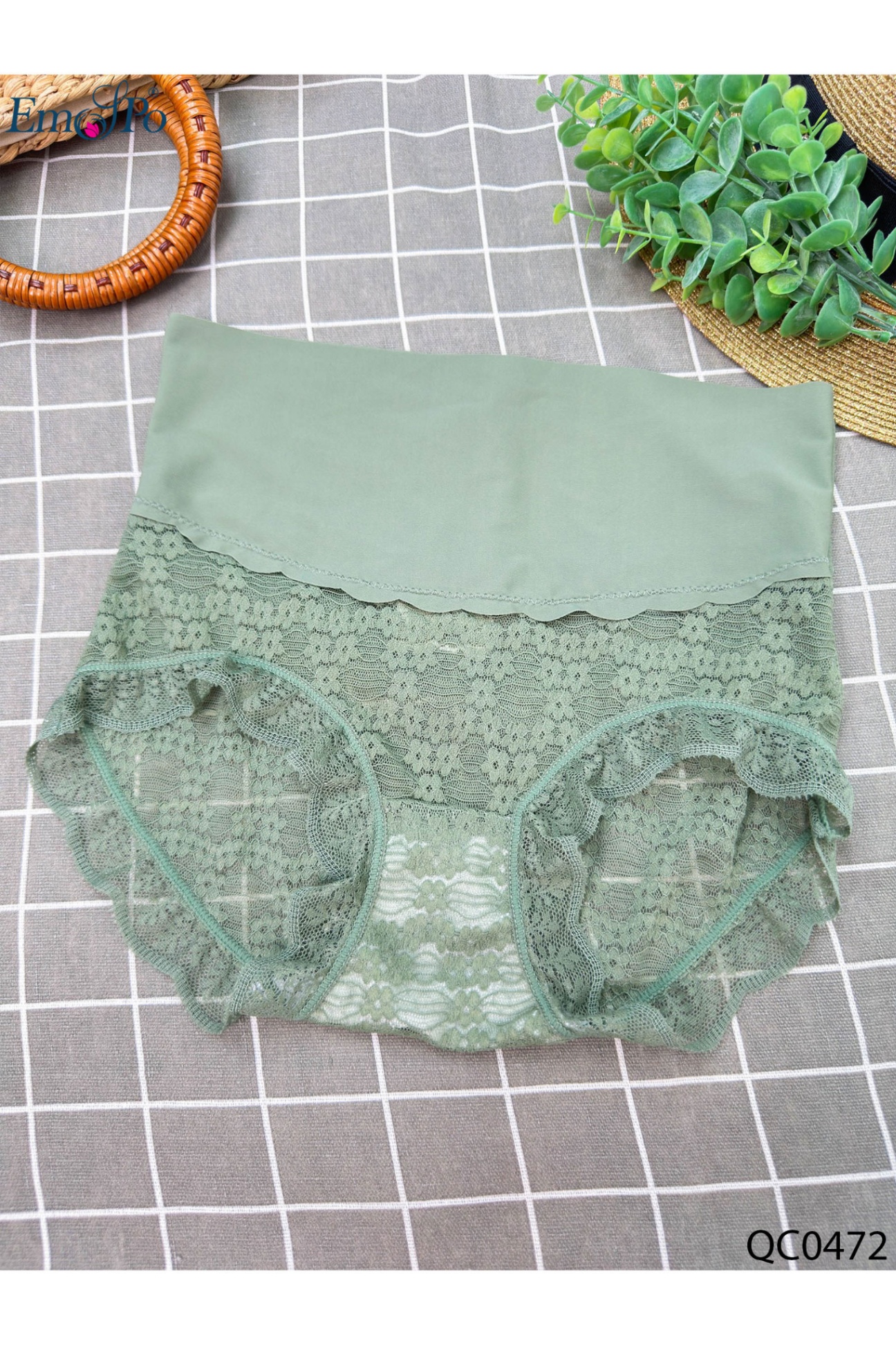 QC0472 - Quần lót cotton cạp cao, cạp trơn, dưới ren hoa