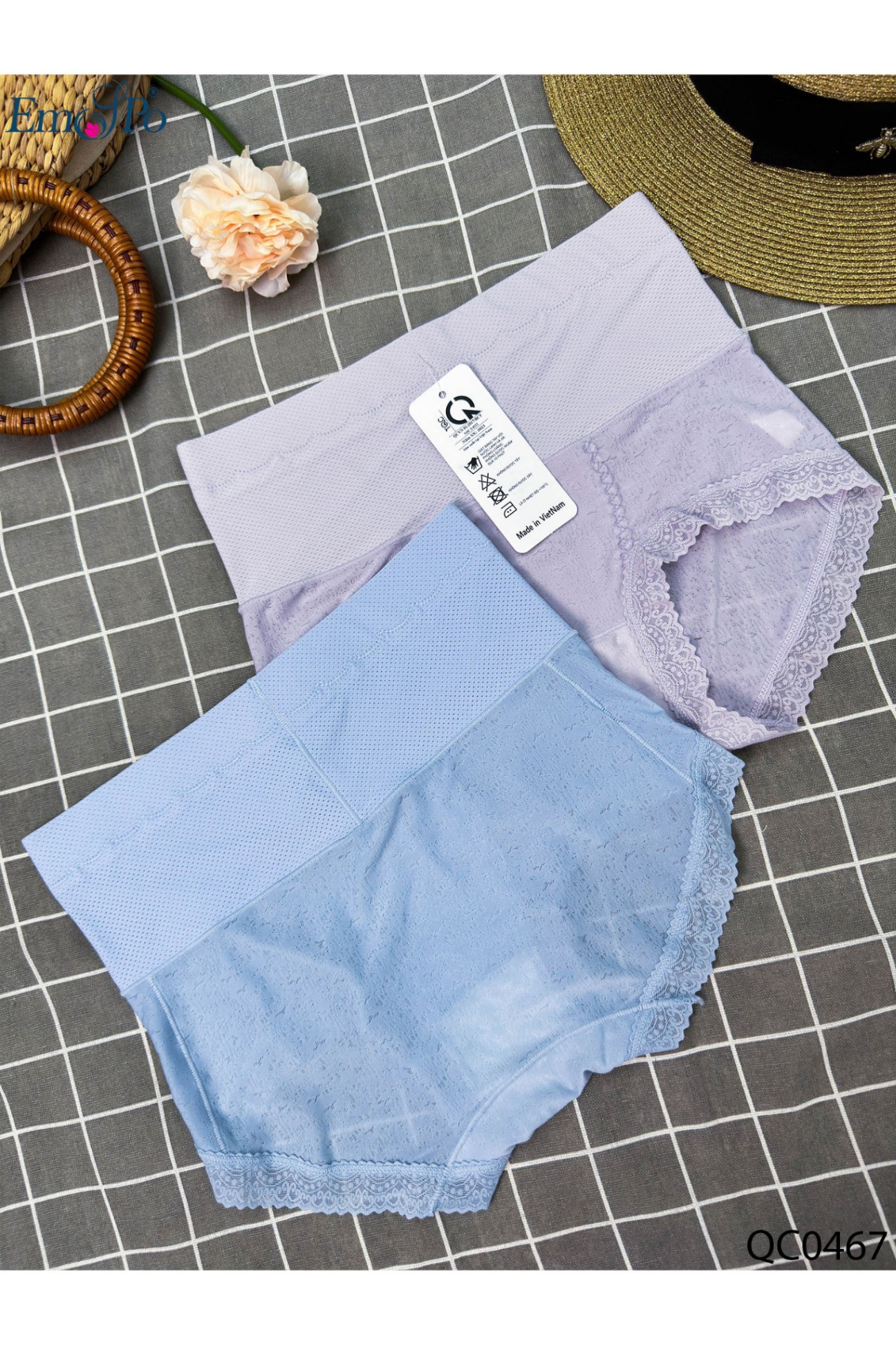 QC0467 - Quần lót cotton cạp cao, gấu ren hoa