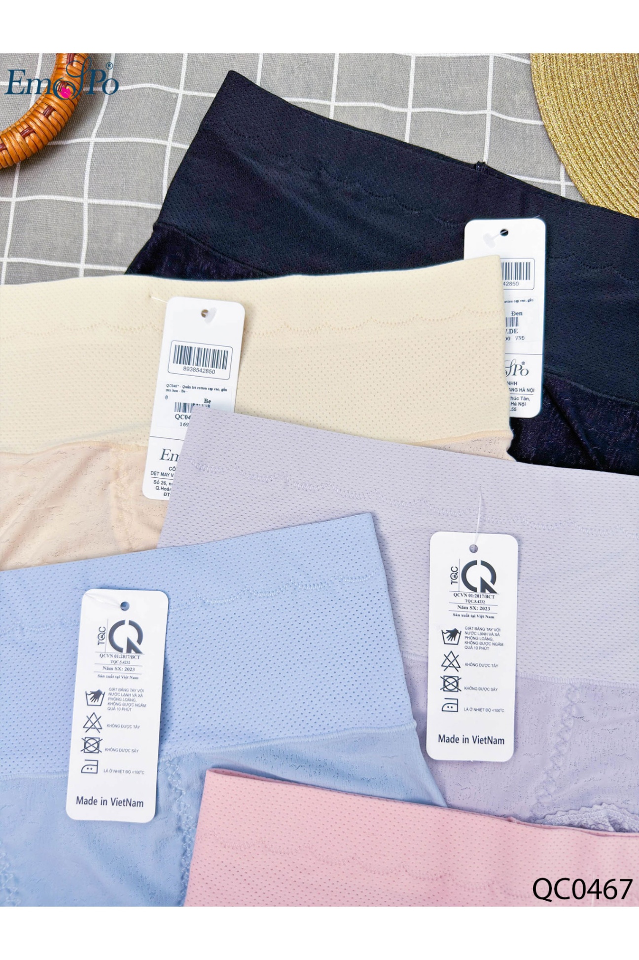 QC0467 - Quần lót cotton cạp cao, gấu ren hoa