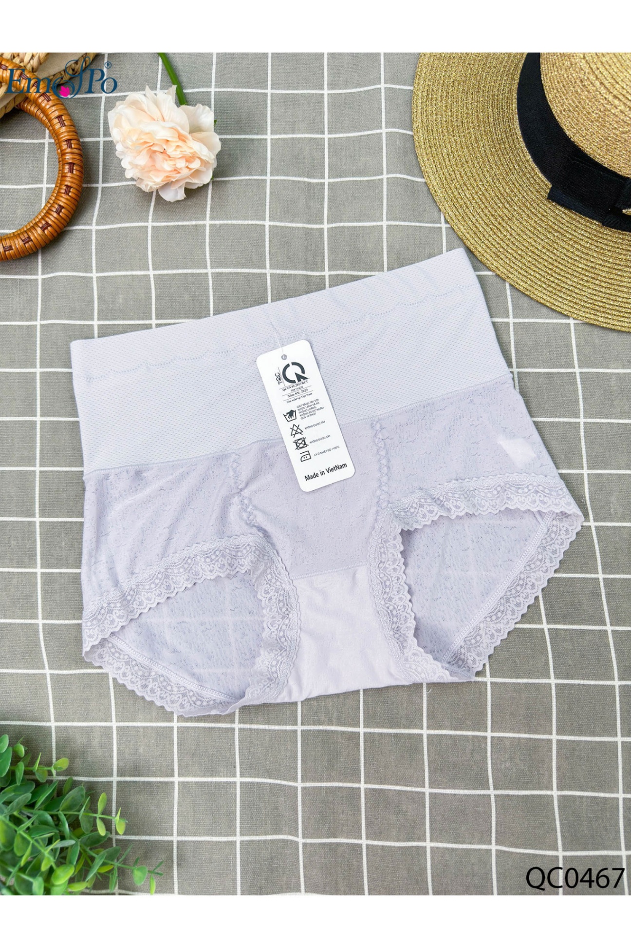 QC0467 - Quần lót cotton cạp cao, gấu ren hoa