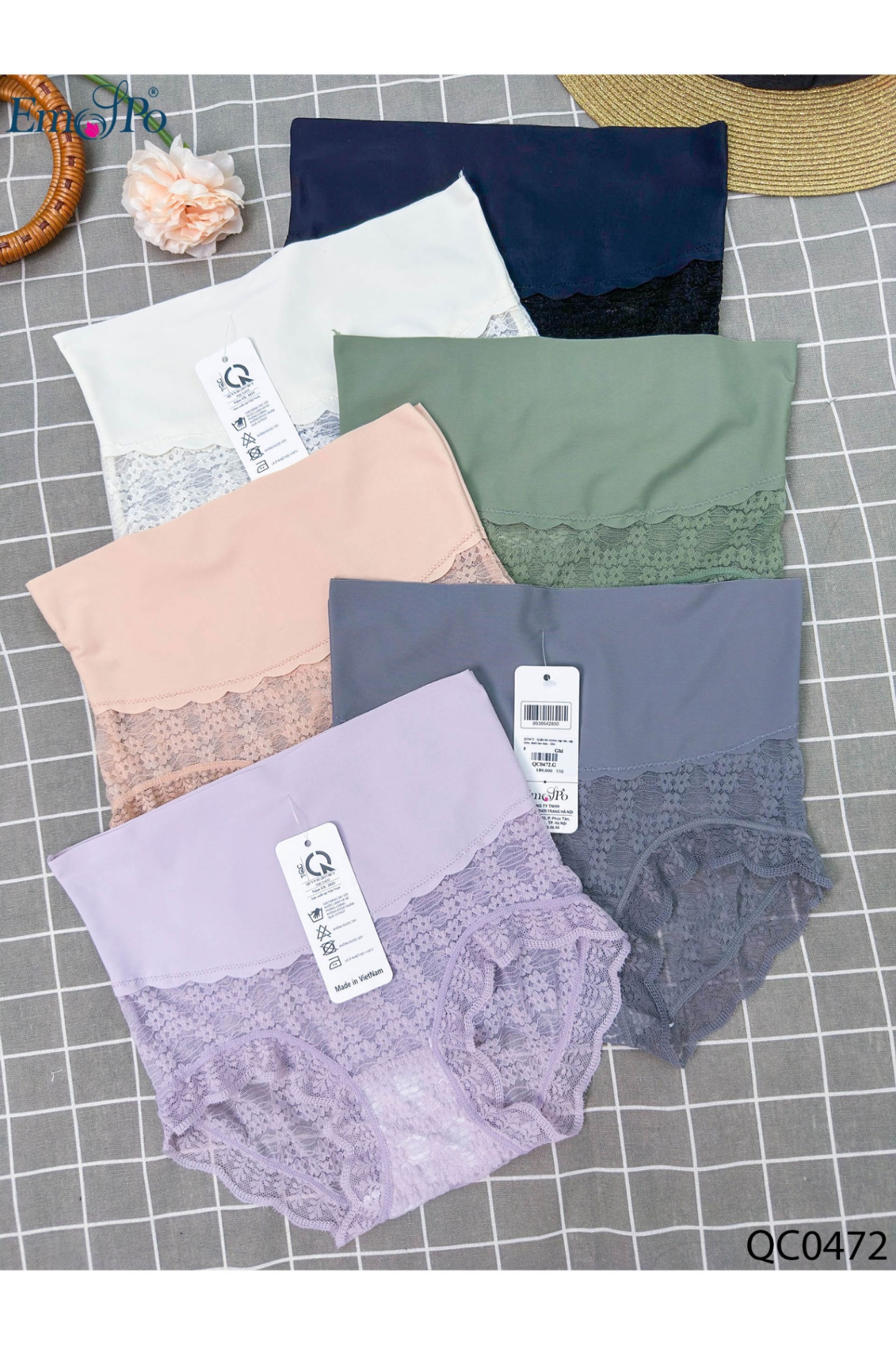 QC0472 - Quần lót cotton cạp cao, cạp trơn, dưới ren hoa - Hồng -