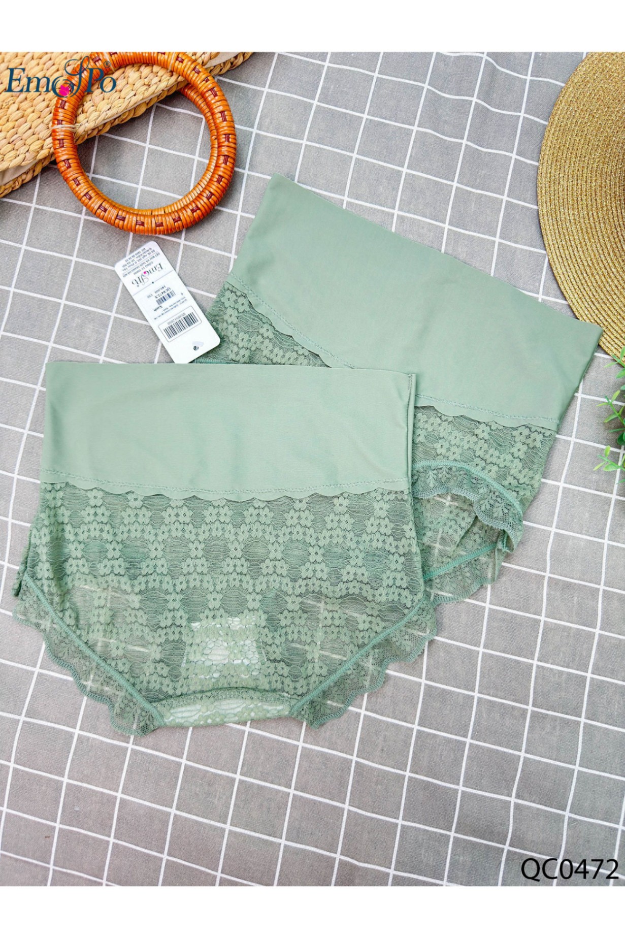 QC0472 - Quần lót cotton cạp cao, cạp trơn, dưới ren hoa