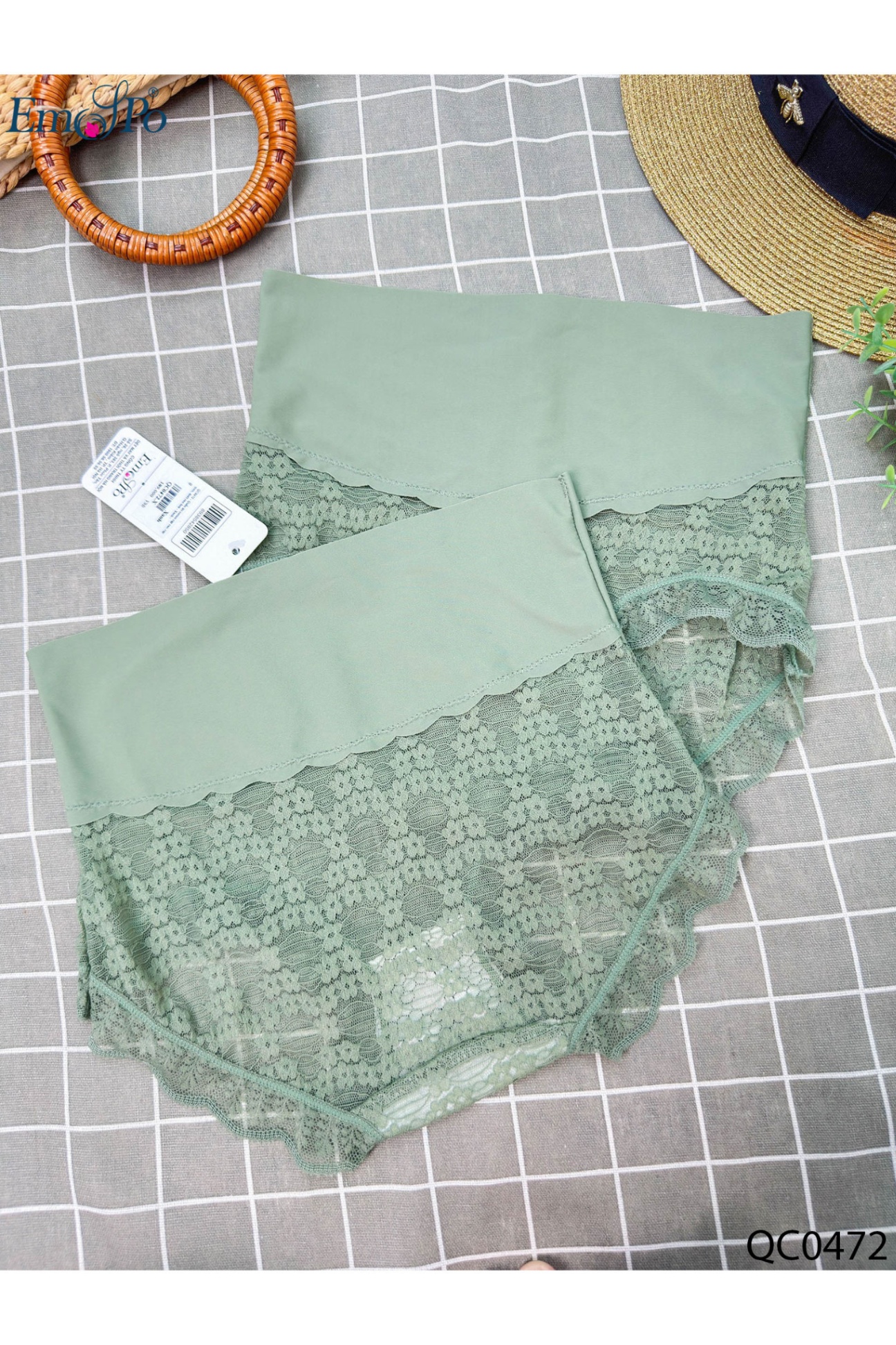 QC0472 - Quần lót cotton cạp cao, cạp trơn, dưới ren hoa