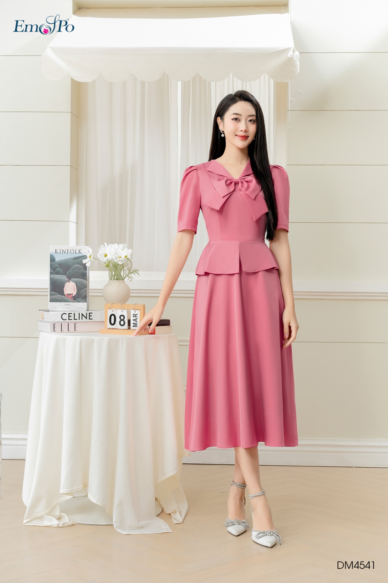 Đầm peplum dáng xòe, cổ bẻ V đinh nơ - Hồng - S