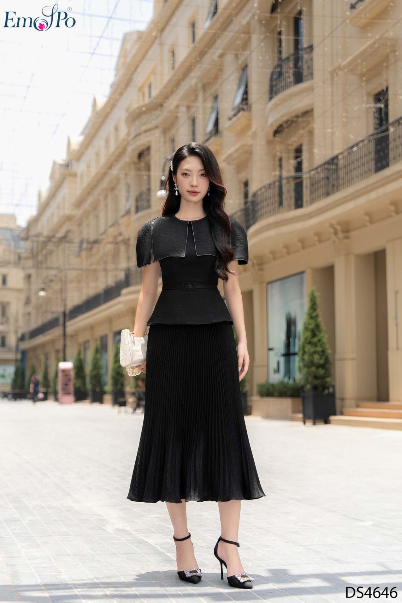 Đầm dáng peplum, chân dập ly đuôi cá, đai rời - Đen - S