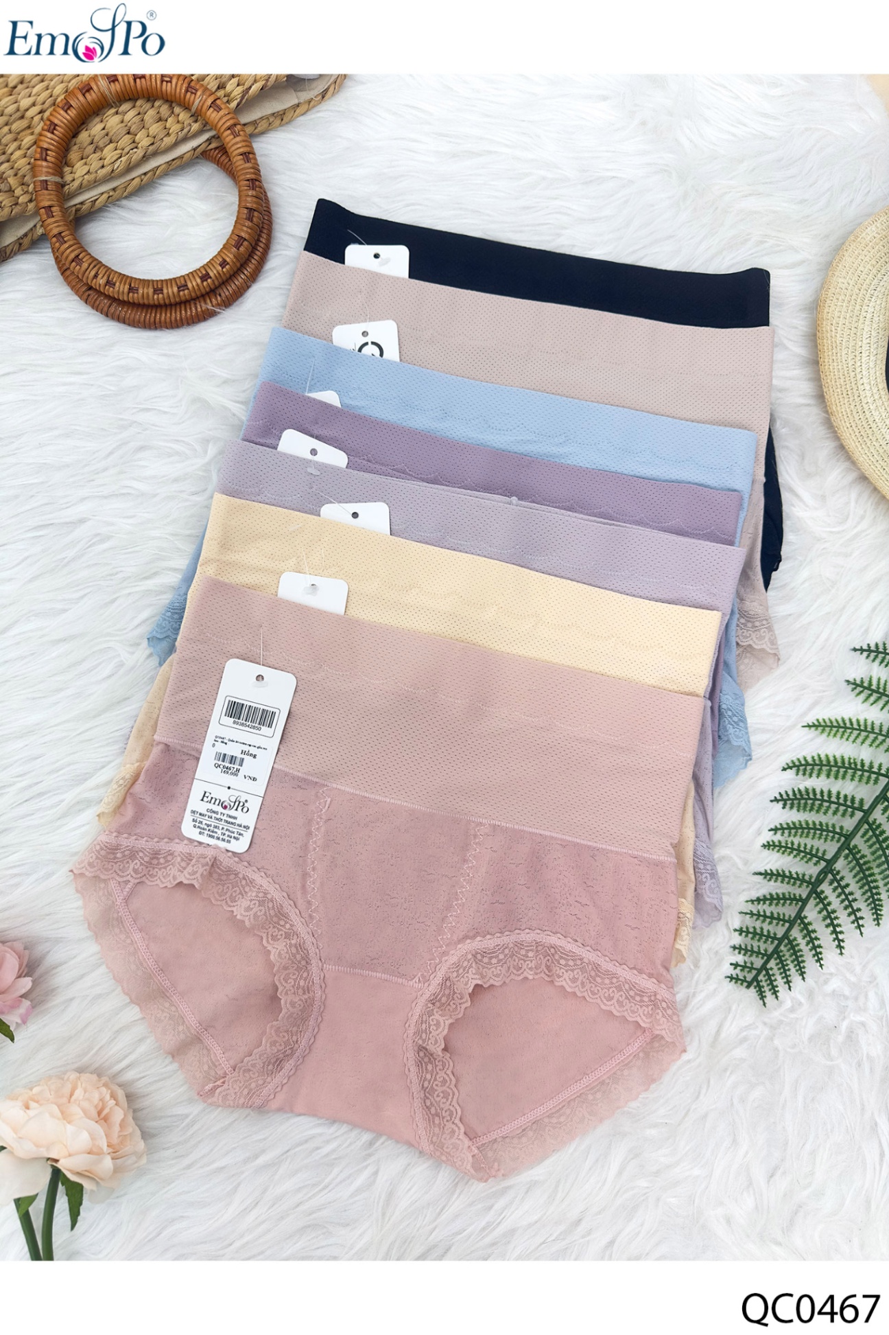 QC0467 - Quần lót cotton cạp cao, gấu ren hoa - Be -