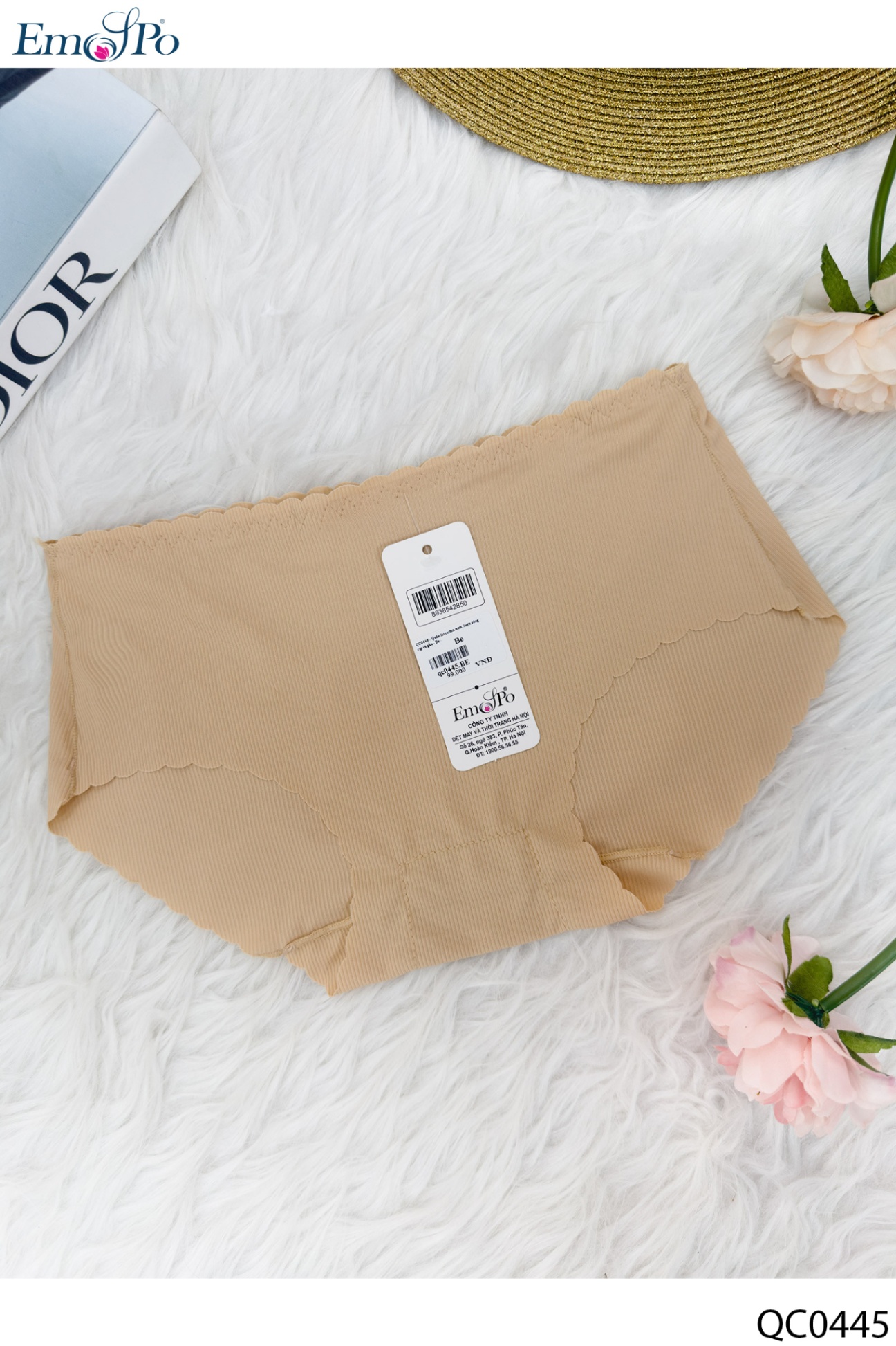 QC0445 - Quần lót cotton trơn, lượn sóng cạp và gấu - Be -