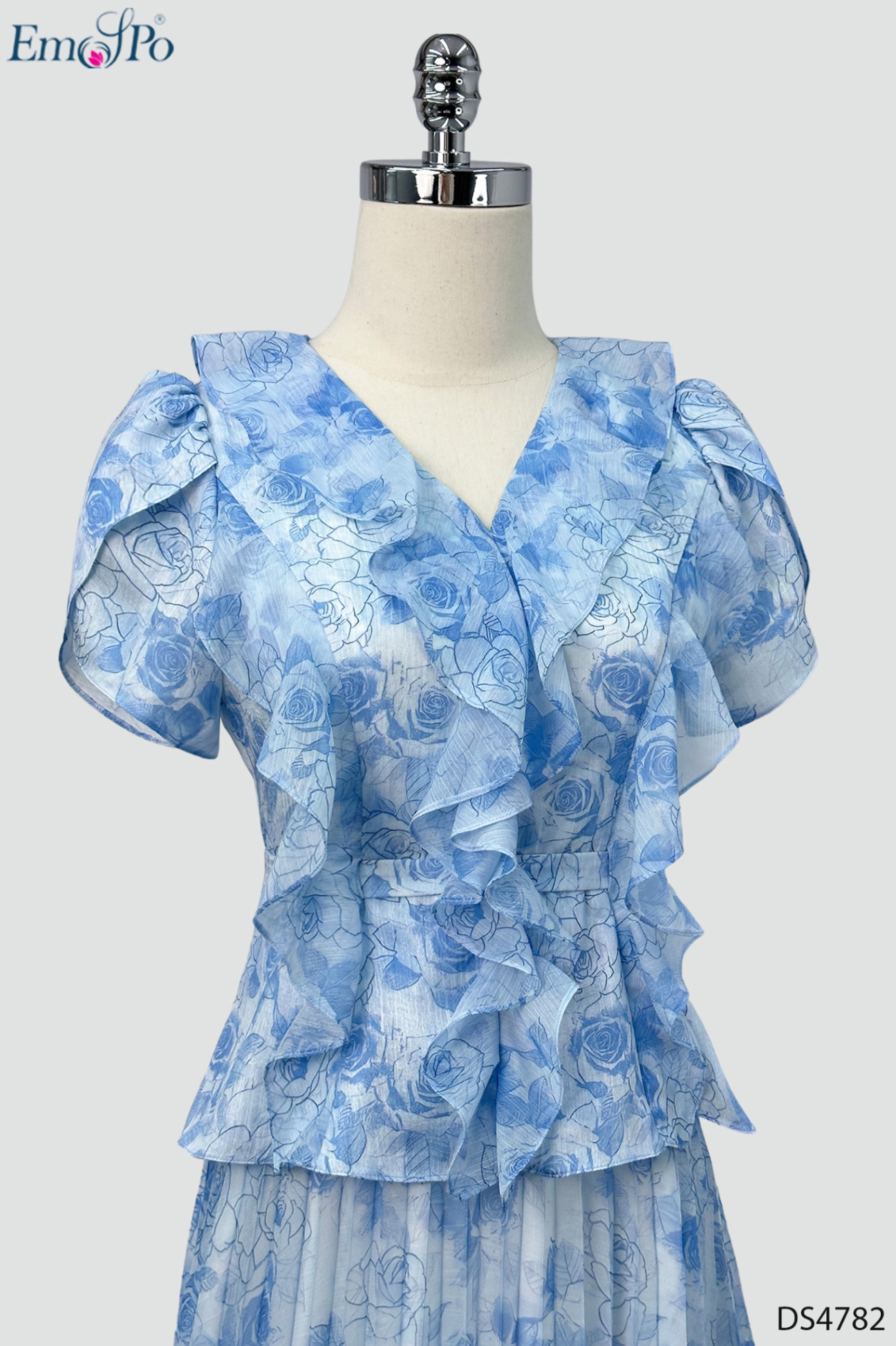 Đầm xòe dáng peplum, dập ly, cổ tim bèo rủ, đai rời