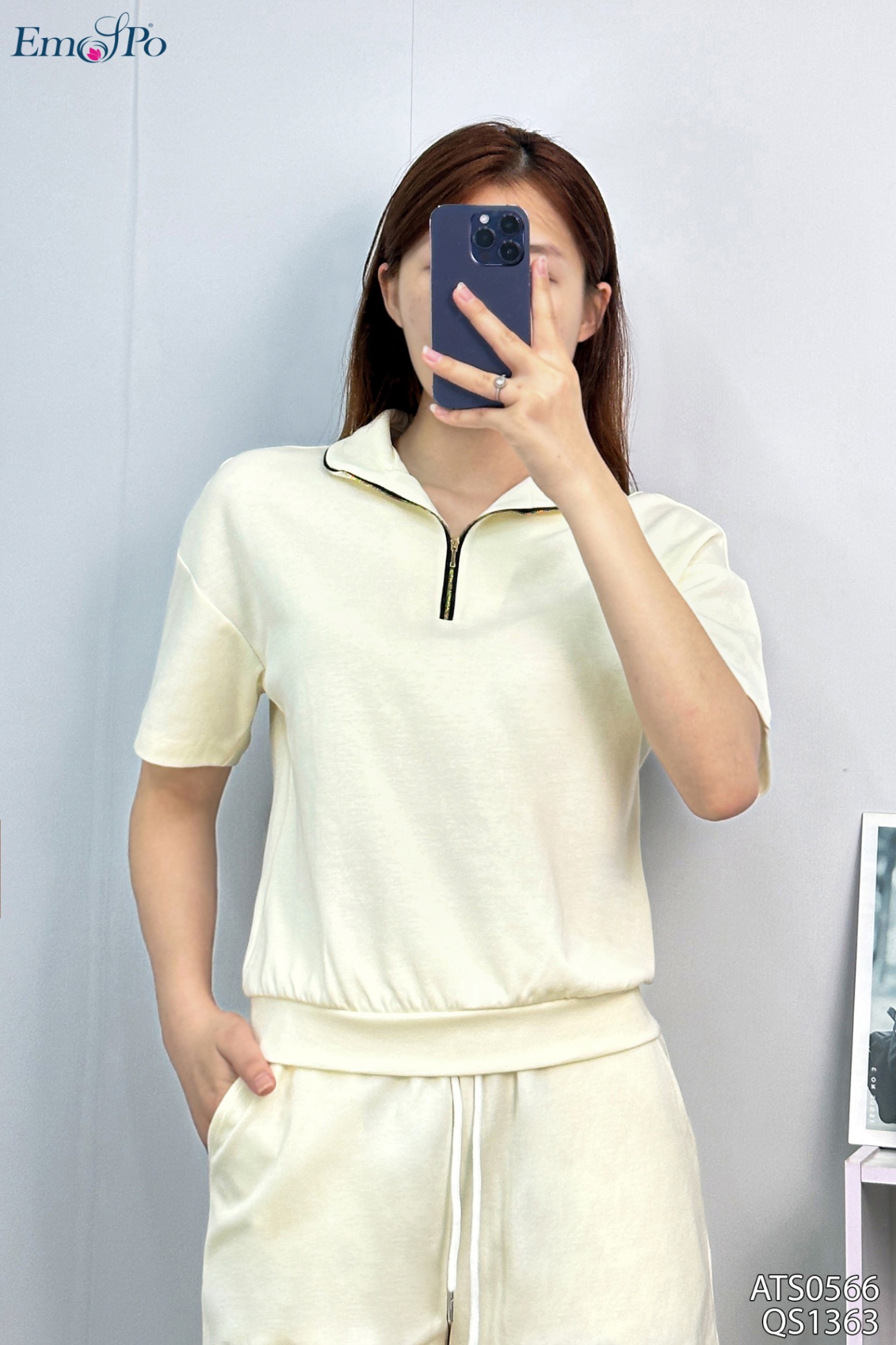 Áo thun trơn cổ bẻ phối viền khóa, bo gấu, đi bộ QS1363