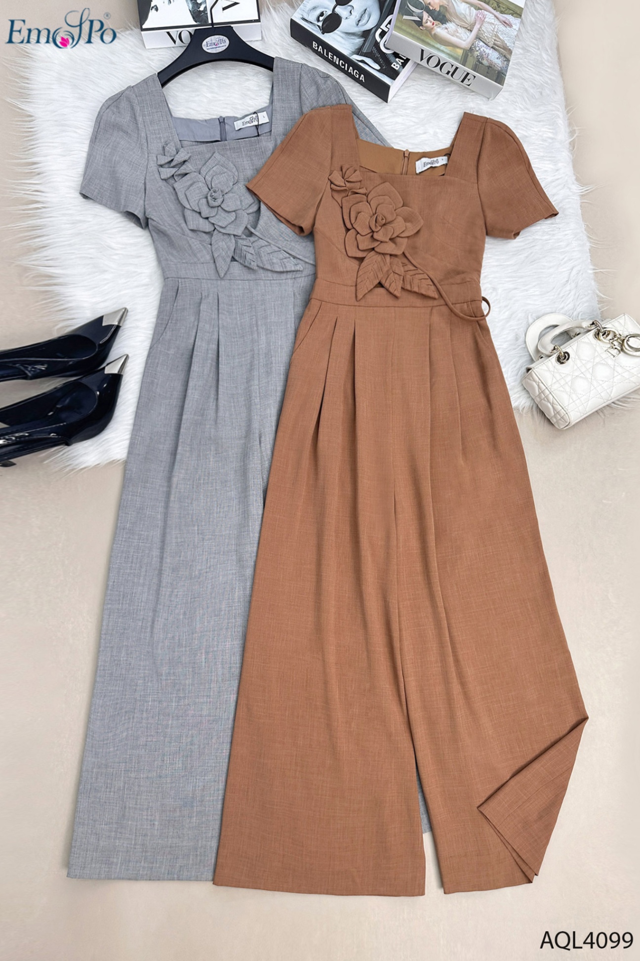 Jumpsuit cổ vuông, ngực đính hoa, túi chéo 2 bên