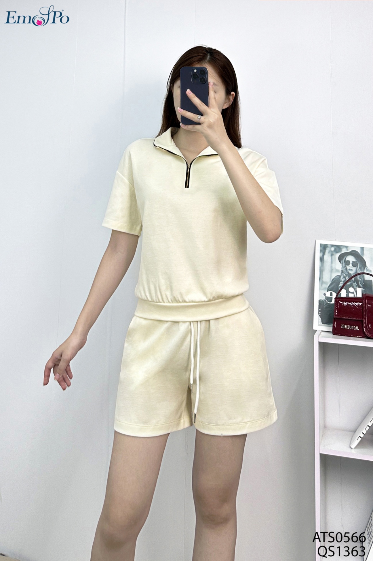 Áo thun trơn cổ bẻ phối viền khóa, bo gấu, đi bộ QS1363