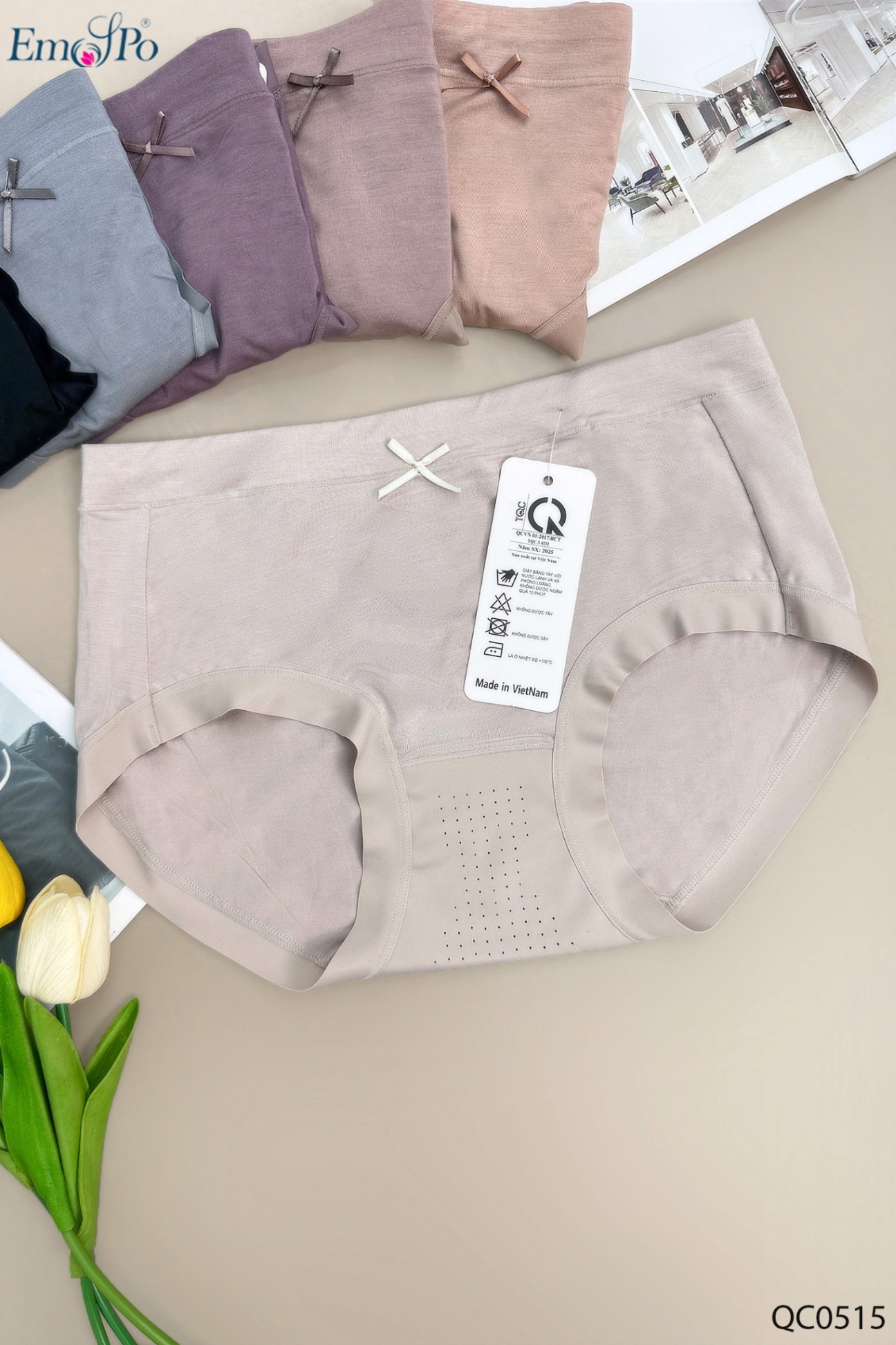 QC0515 - Quần lót cotton phối thông hơi, đính nơ