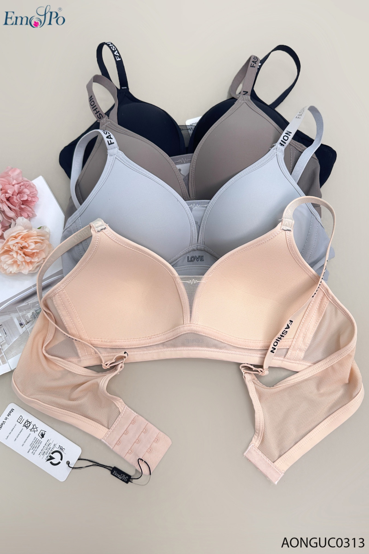 AONGUC0313 - Áo ngực đệm mỏng, k gọng, phối lưới, dây có chữ 