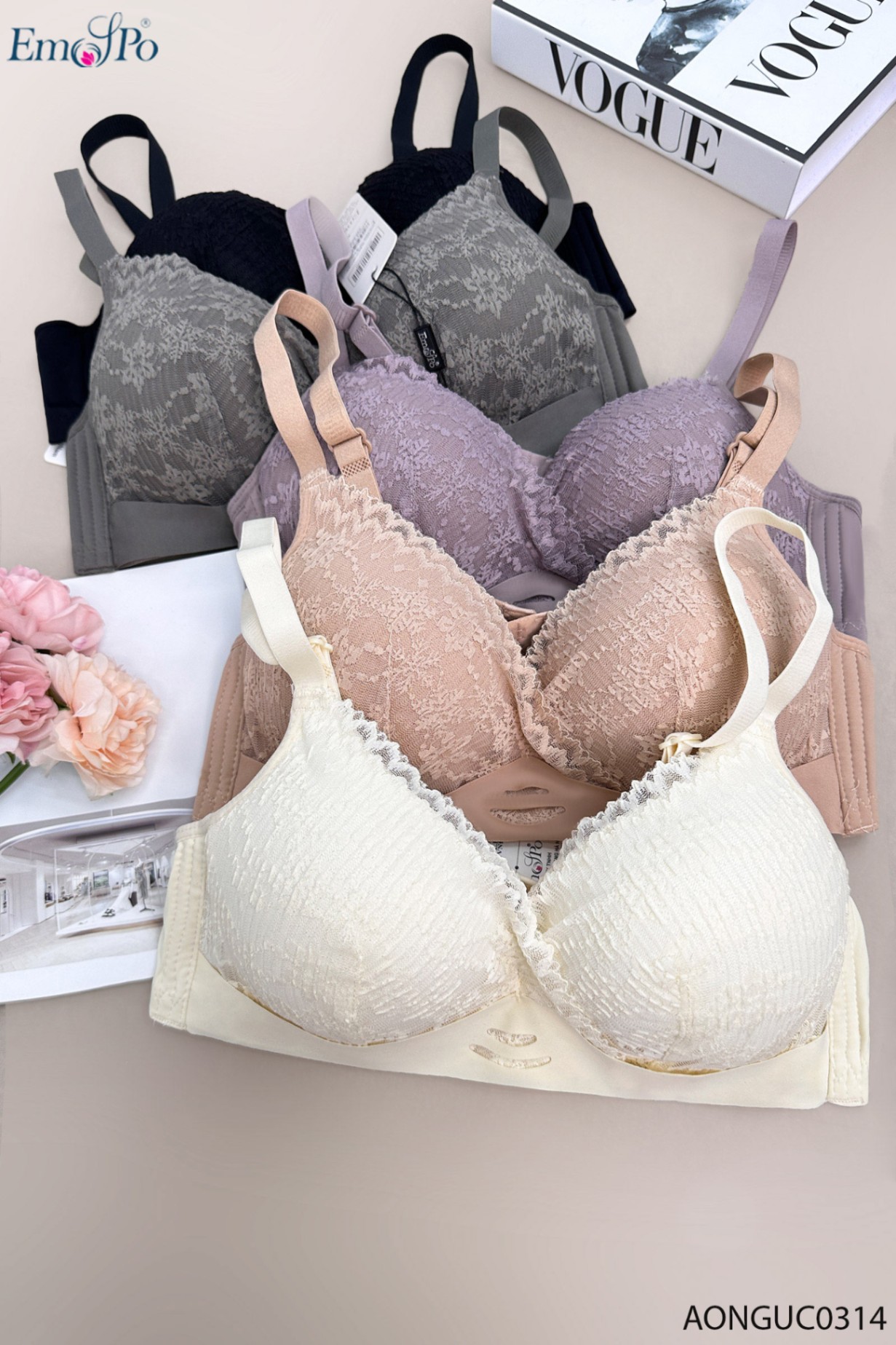 AONGUC0314 - Áo ngực ren phối su lạnh, đệm vừa, k gọng