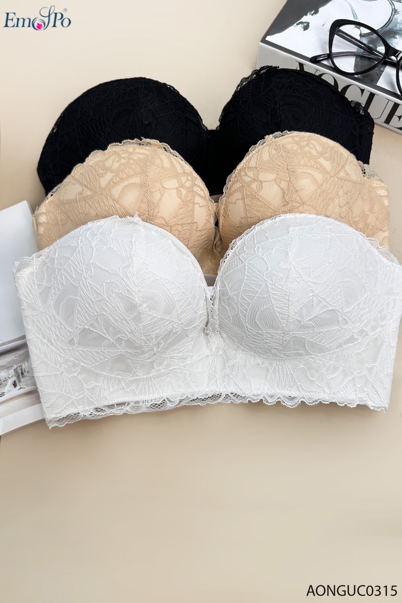 AONGUC0315 - Áo cúp ngực ren, đệm vừa, quai ngang bản to