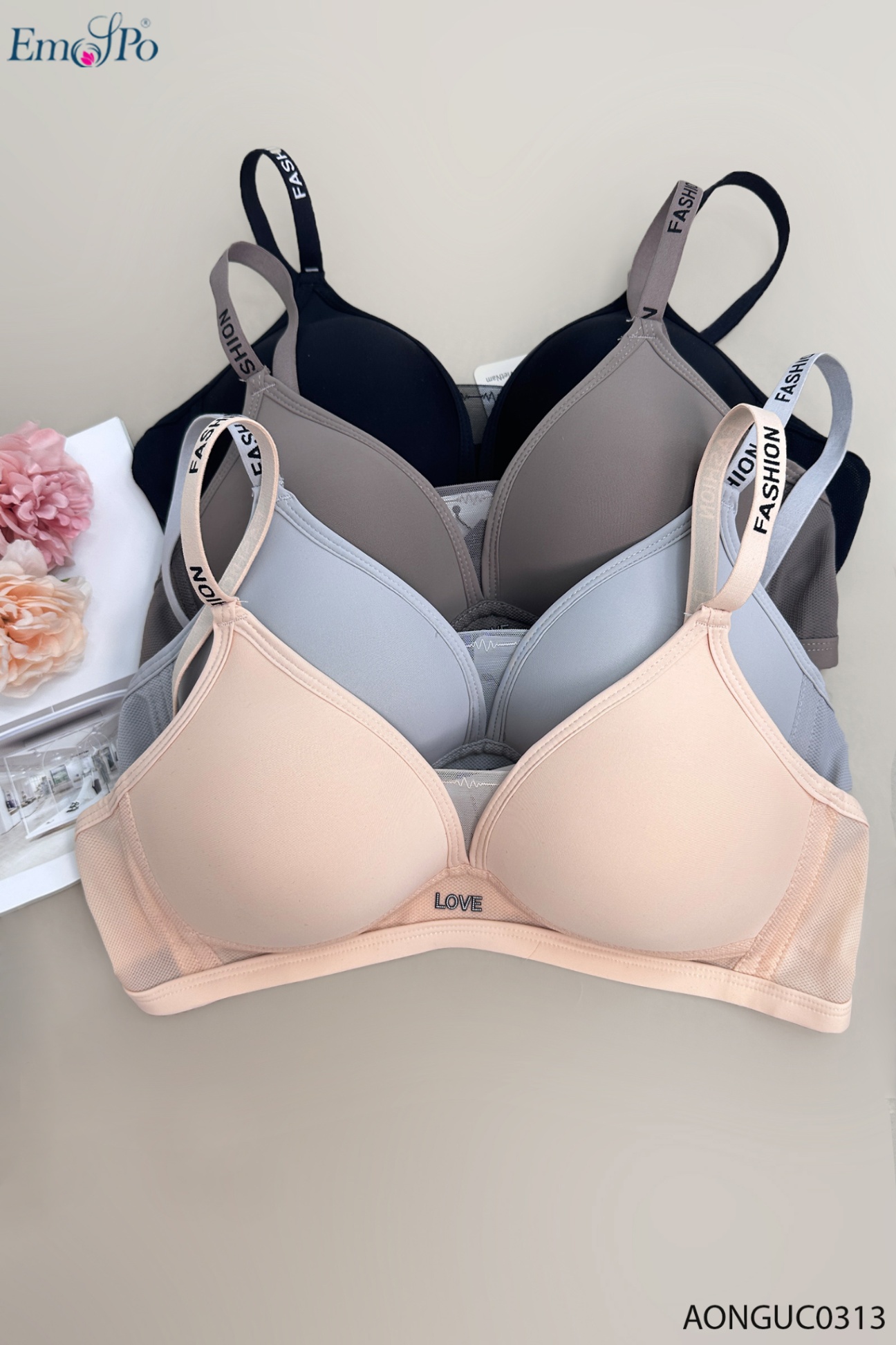 AONGUC0313 - Áo ngực đệm mỏng, k gọng, phối lưới, dây có chữ 