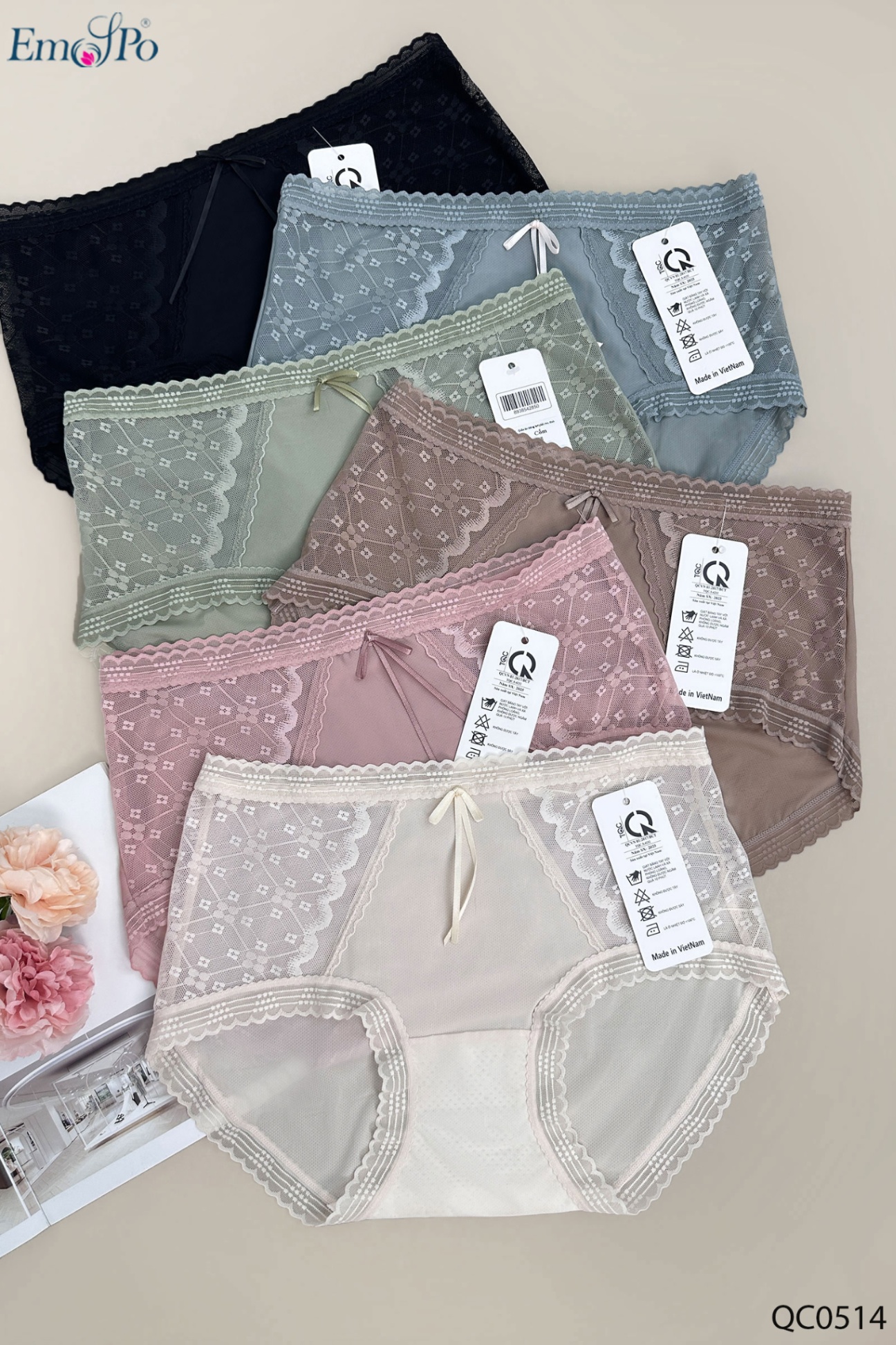 QC0514 - Quần lót thông hơi phối ren, đính nơ