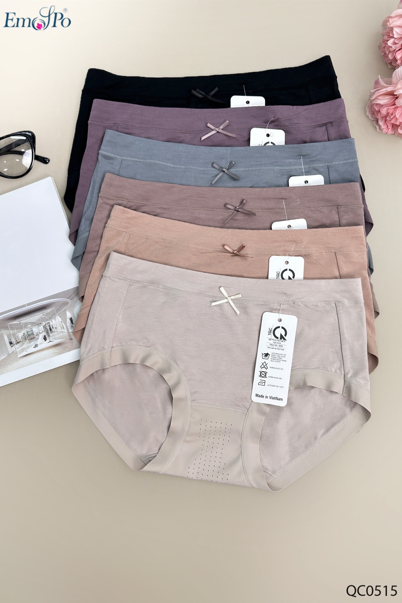 QC0515 - Quần lót cotton phối thông hơi, đính nơ