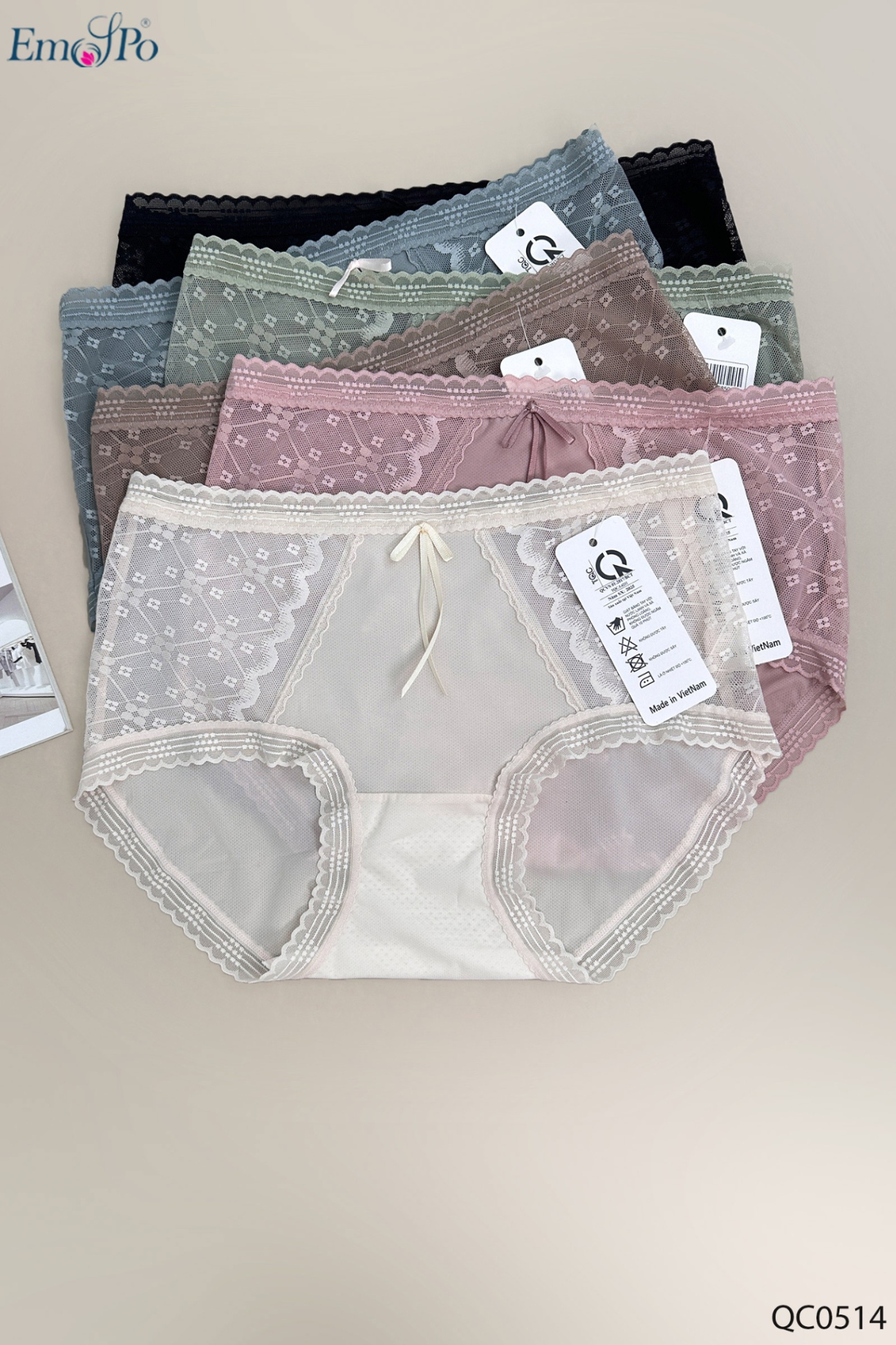 QC0514 - Quần lót thông hơi phối ren, đính nơ