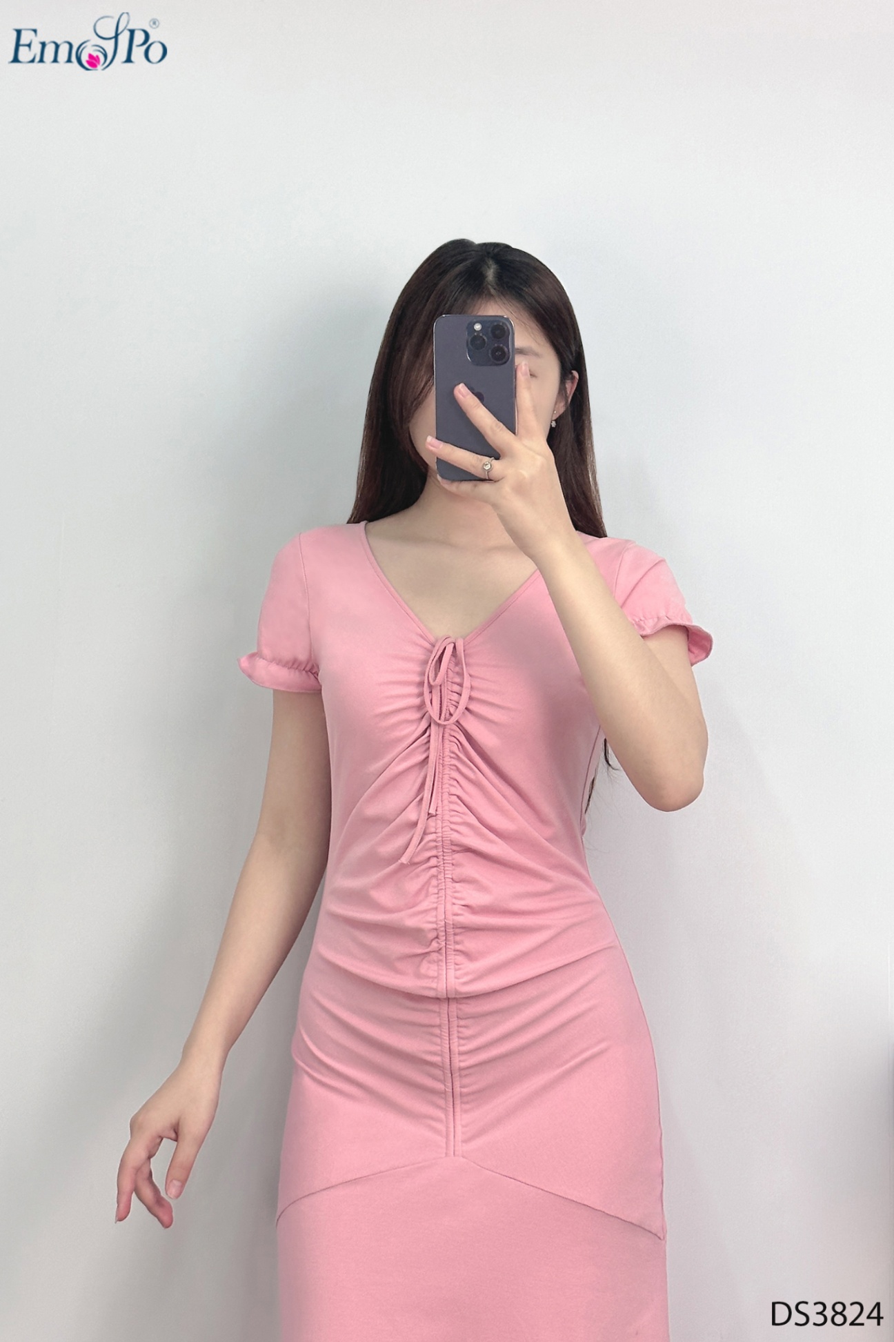 Đầm thun cổ tim, dây rút rúm ly dọc thân trước, chun tay
