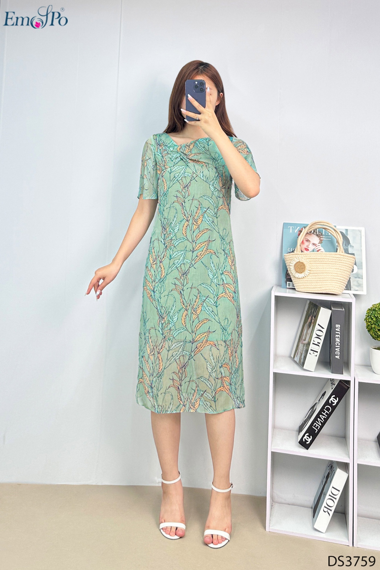 Đầm suông tà bong thân trước, rúm ly cổ, đai rời buộc nơ eo