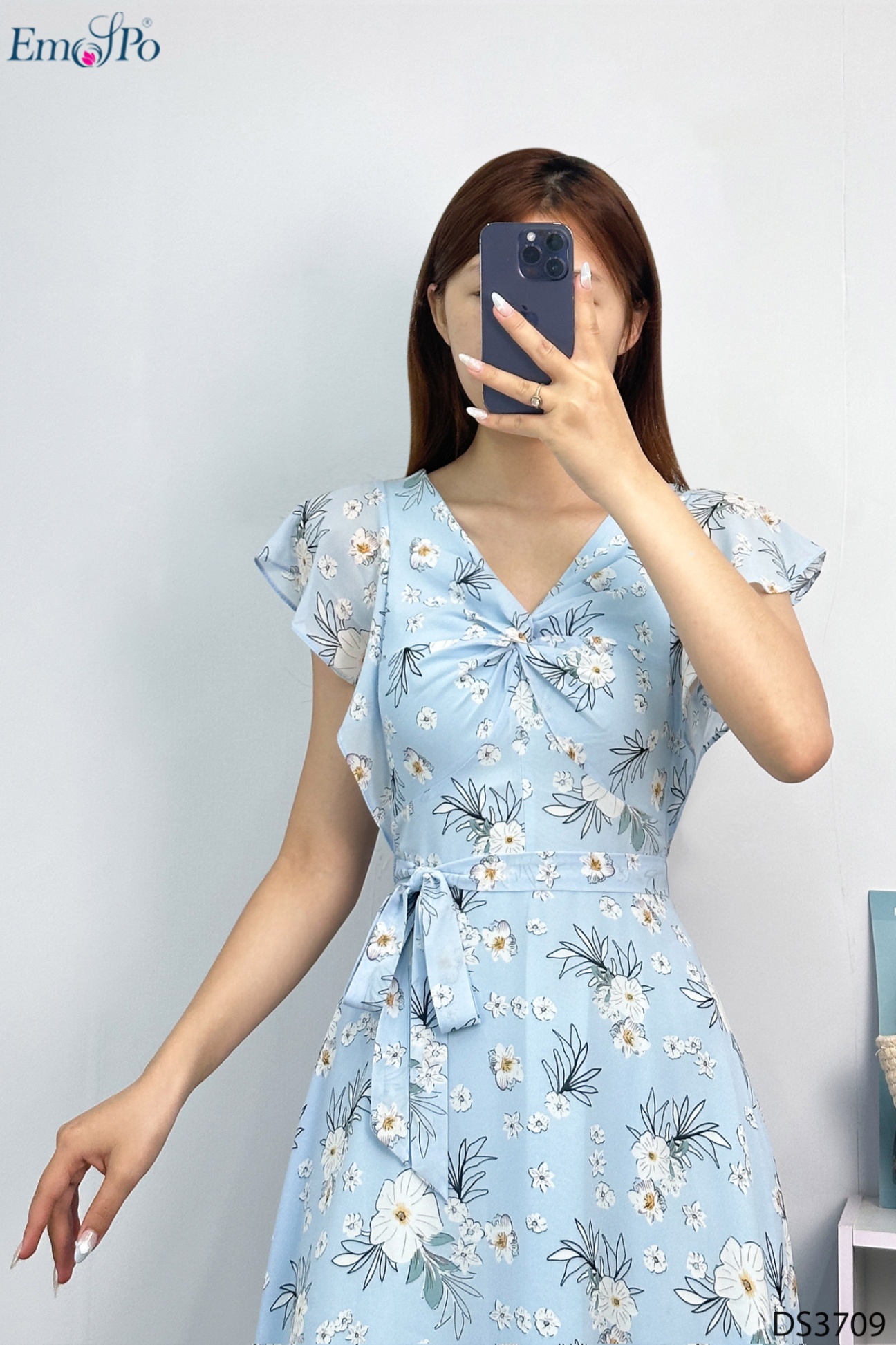 Đầm xòe cổ V xoắn , tay bèo, đai eo thắt nơ rời