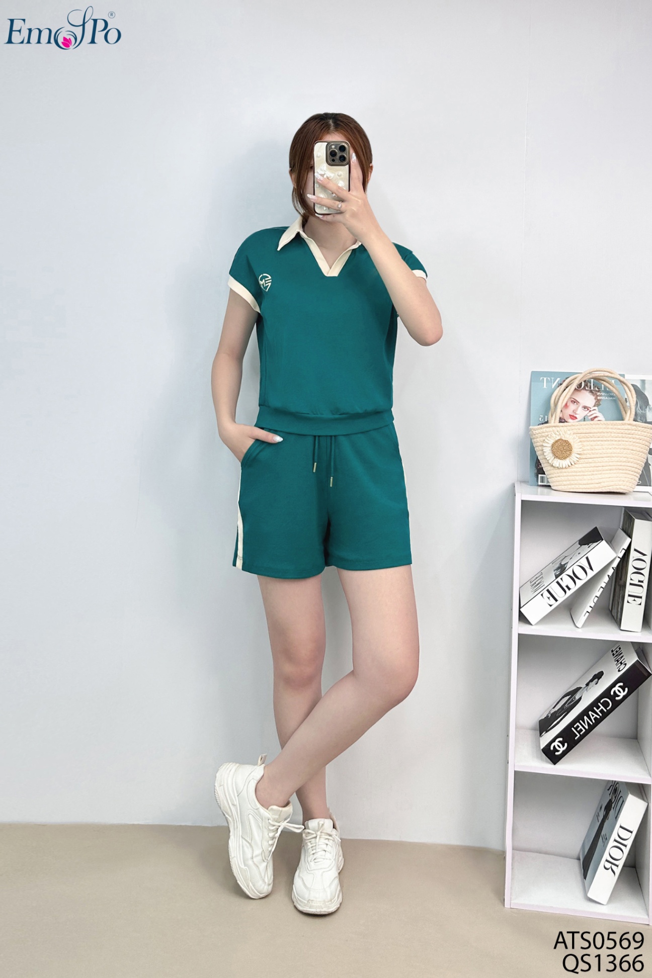 Áo thun, cổ bẻ phối màu, bo gấu, đi bộ QS1366