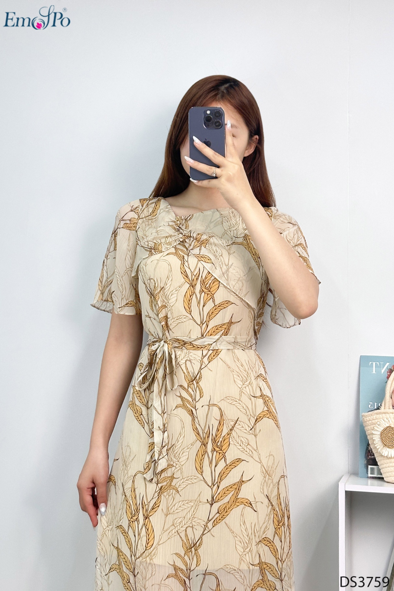 Đầm suông tà bong thân trước, rúm ly cổ, đai rời buộc nơ eo