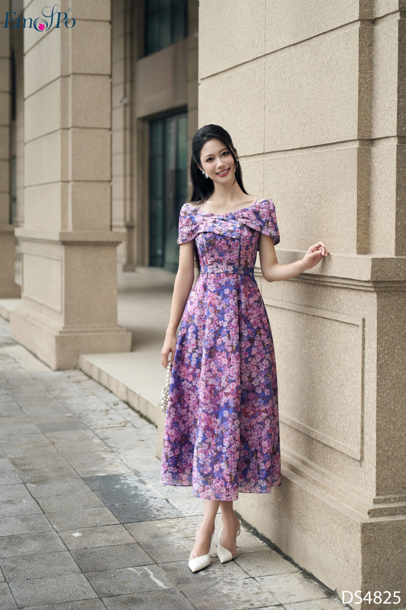 Đầm hoa xòe 2 dây, trễ vai, đai rời
