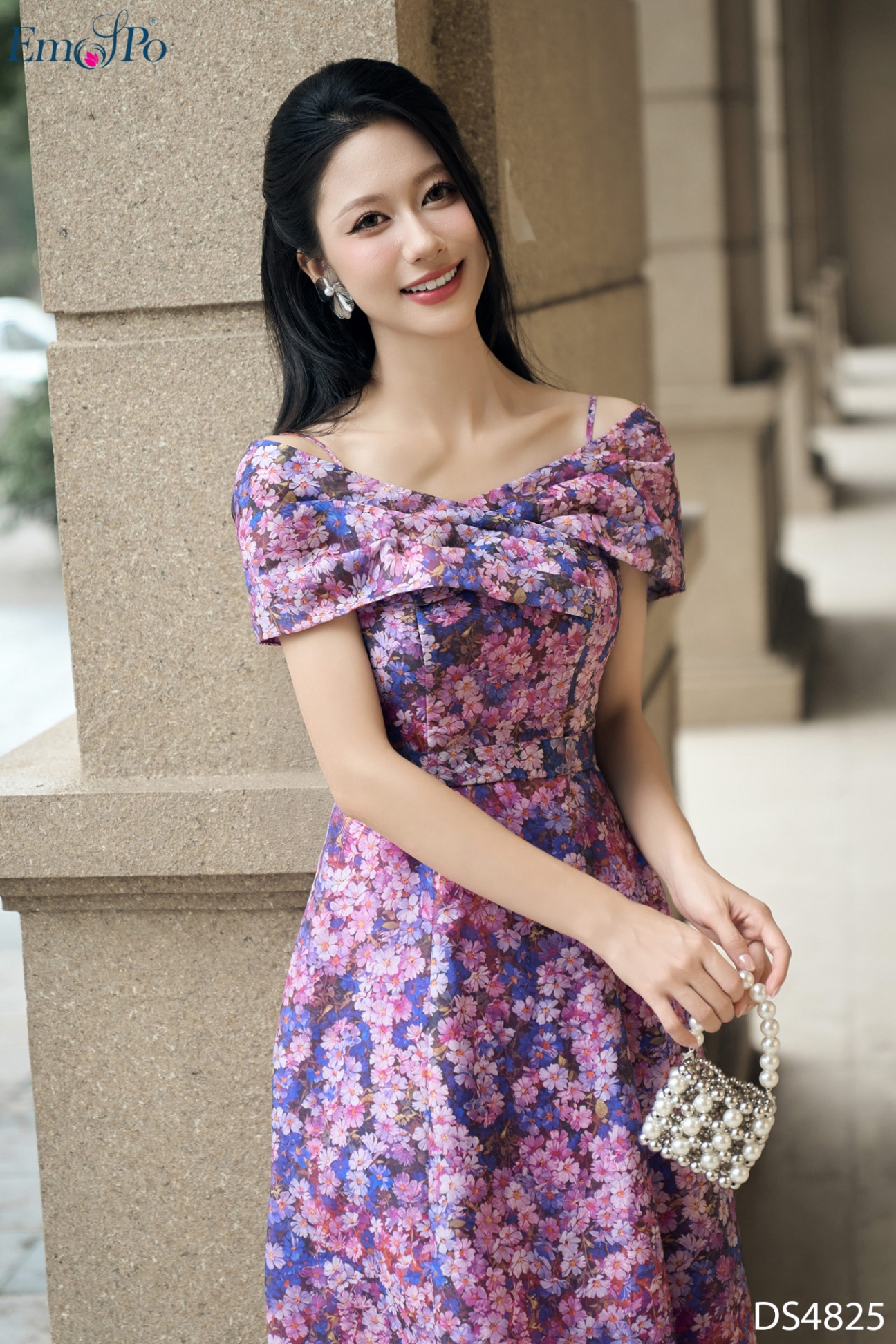 Đầm hoa xòe 2 dây, trễ vai, đai rời