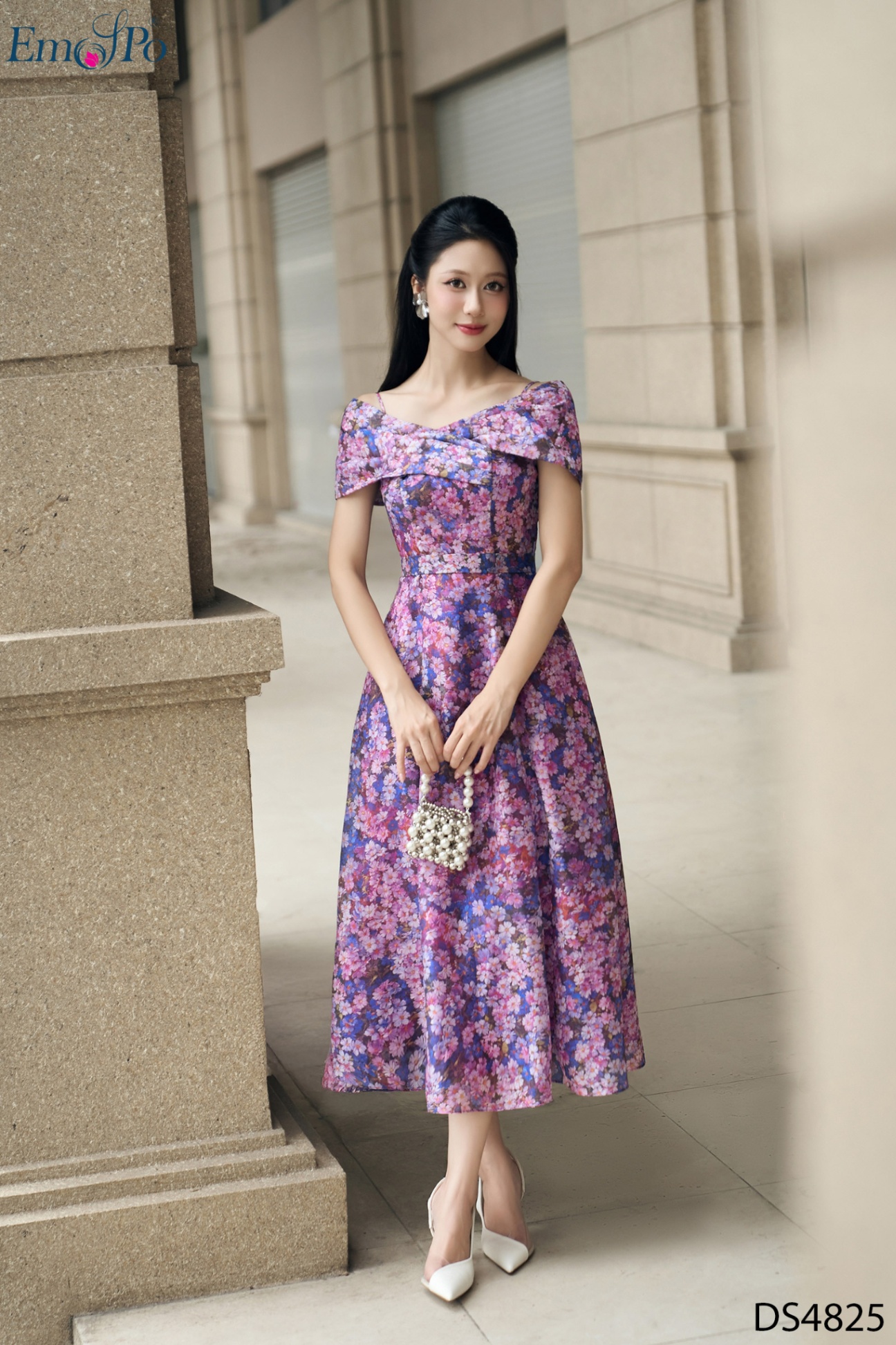 Đầm hoa xòe 2 dây, trễ vai, đai rời