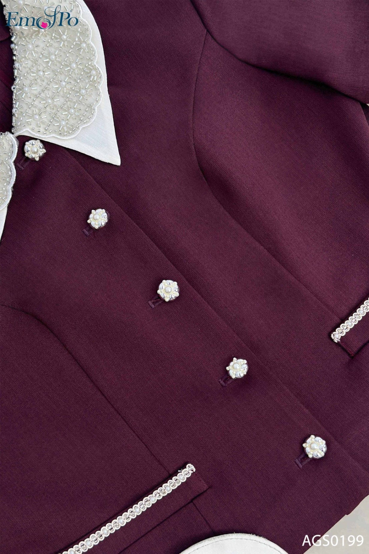Áo ký giả, cổ bẻ đính cườm & ngọc trai, kẹp viền ren, đi bộ J1253