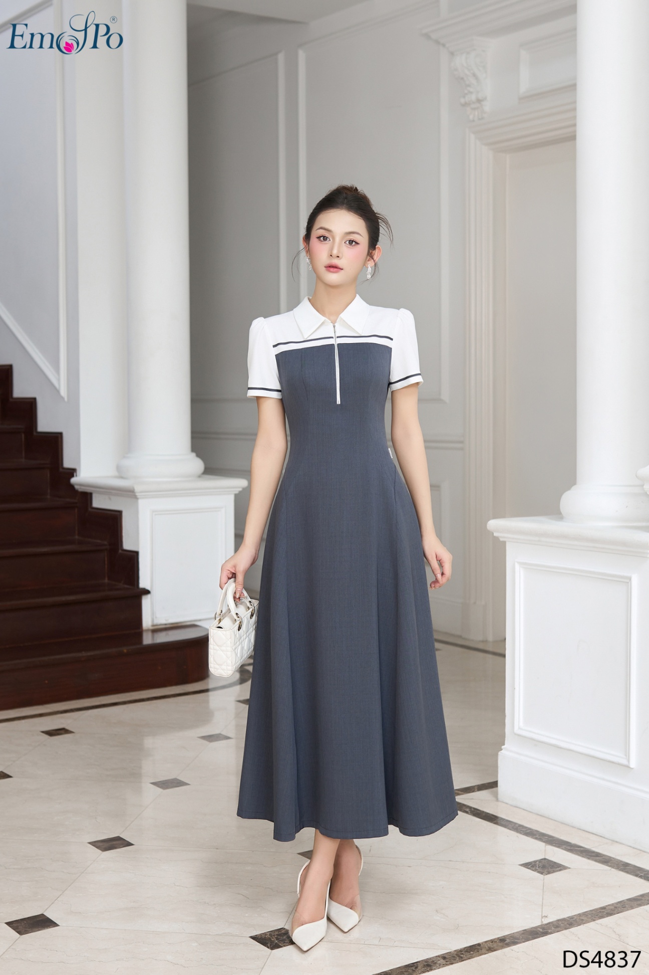 Đầm xòe, cổ bẻ phối màu kéo khóa, chiết eo cao